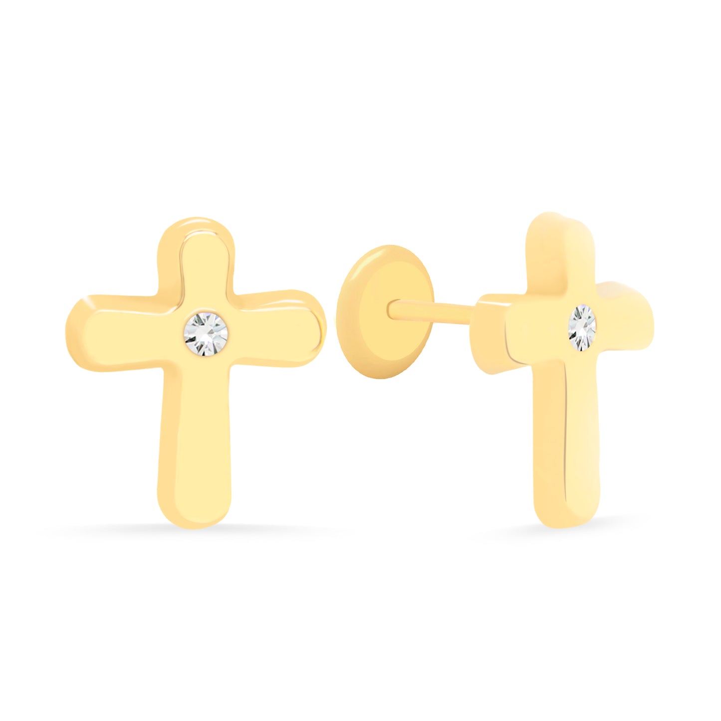14K Yellow Gold Large Cross with Solitaire CZ Stud Screwback Earrings