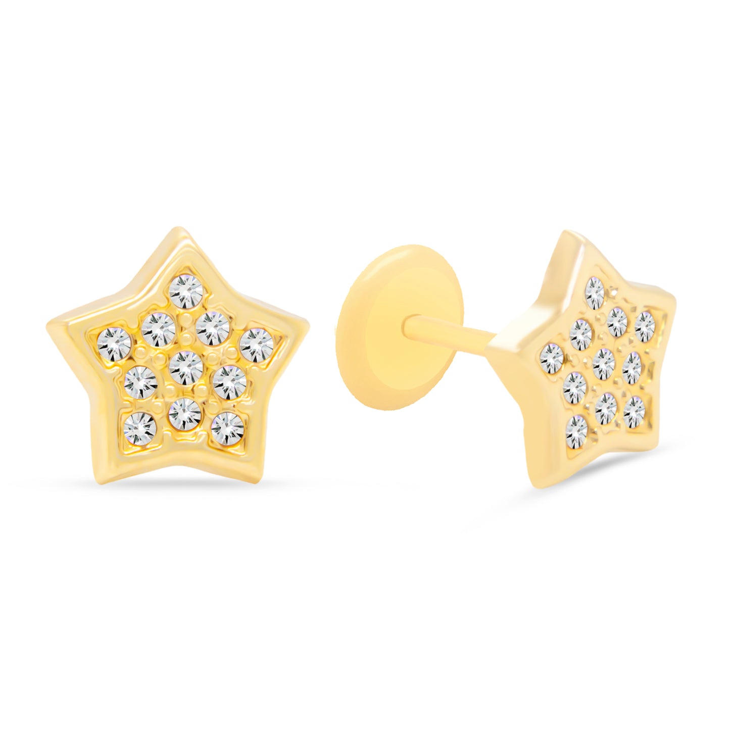 14K Yellow Gold Whitew CZ Pave Star Stud Screwback Earrings