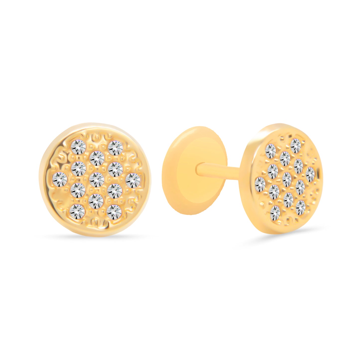 14K Yellow Gold Cubic Zirconia Pave Disc Stud Screwback Earrings