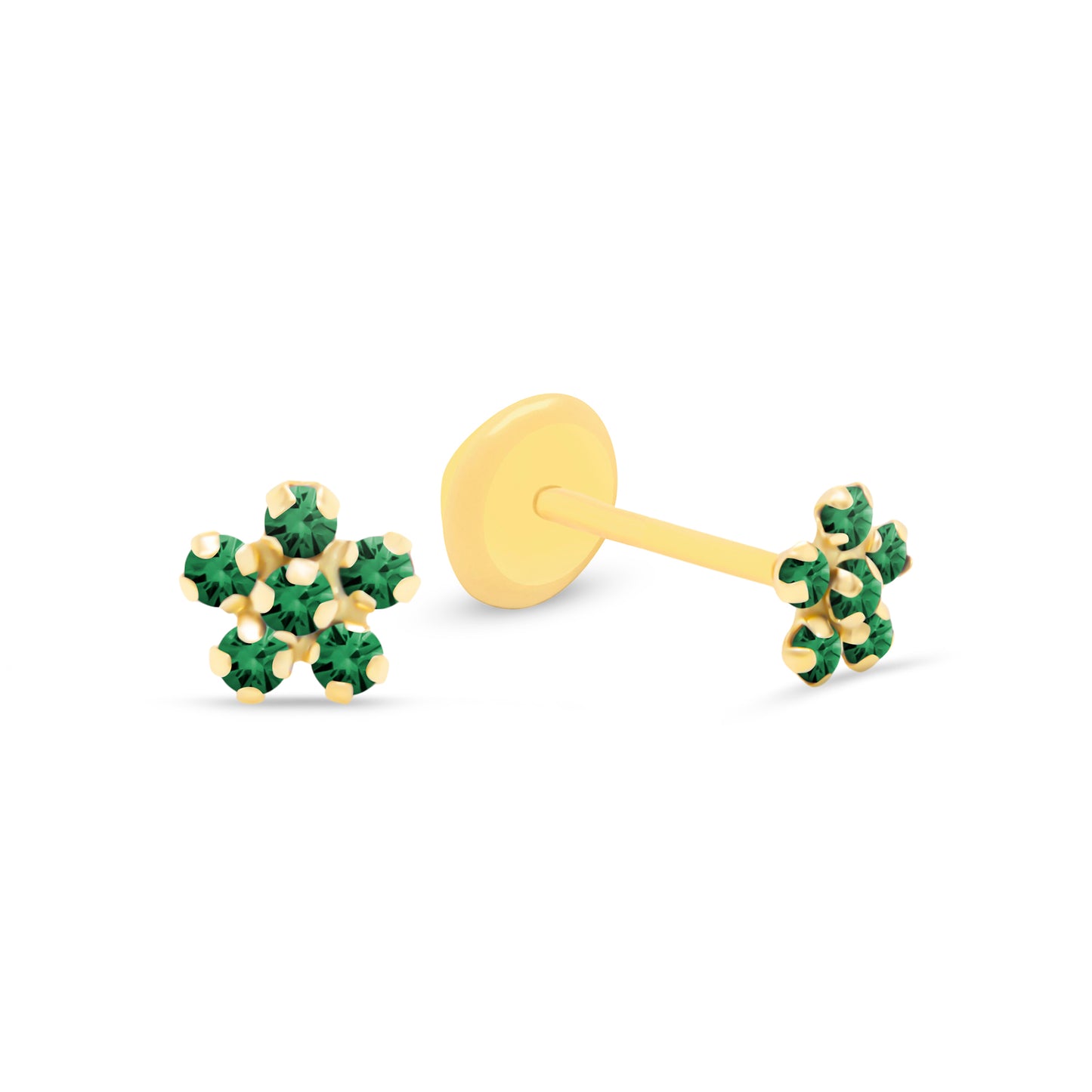 14K Yellow Gold Green CZ Crystal Flower Stud Screwback Earrings