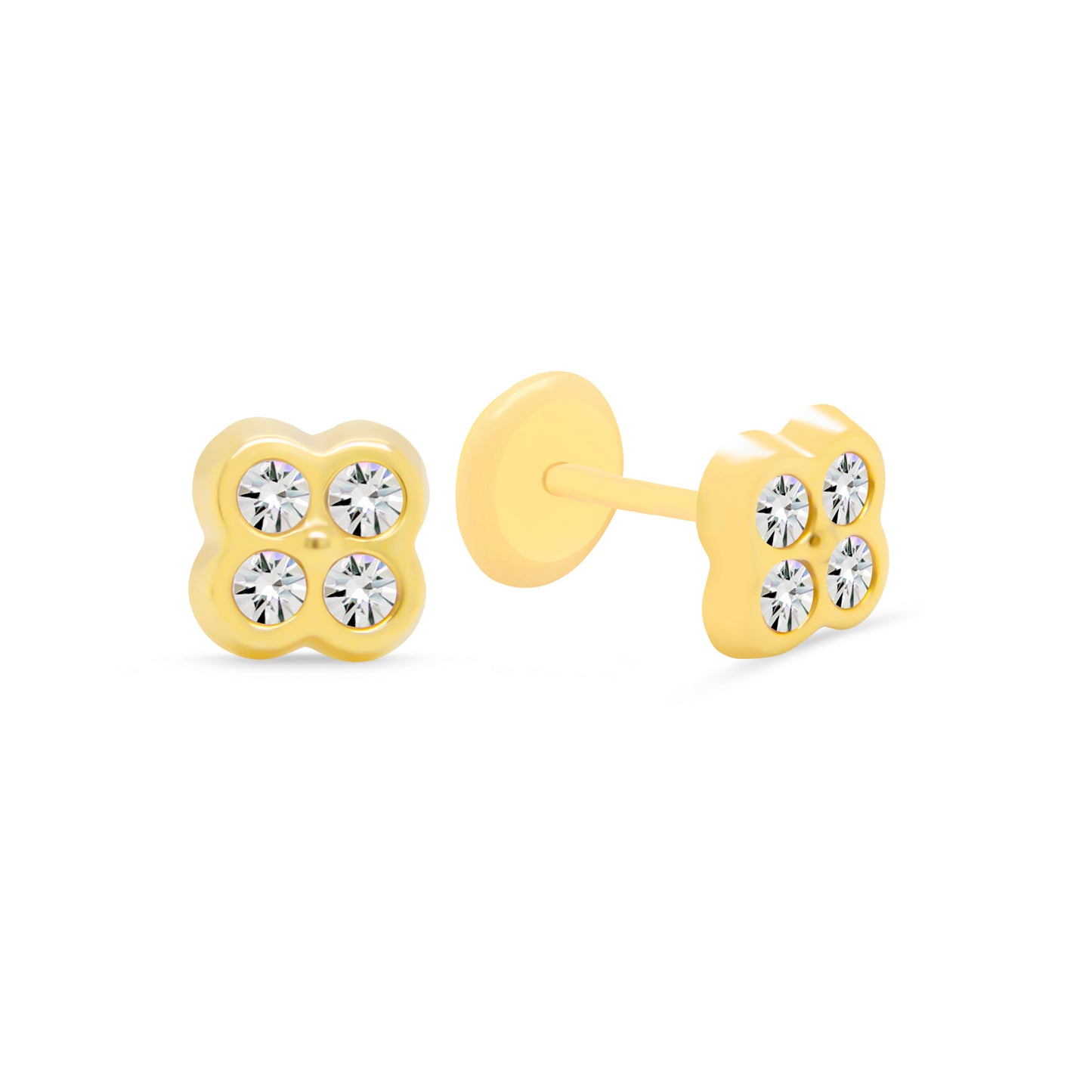 14K Yellow Gold Small Radiant Pave Round Clover Stud Screwback Earrings