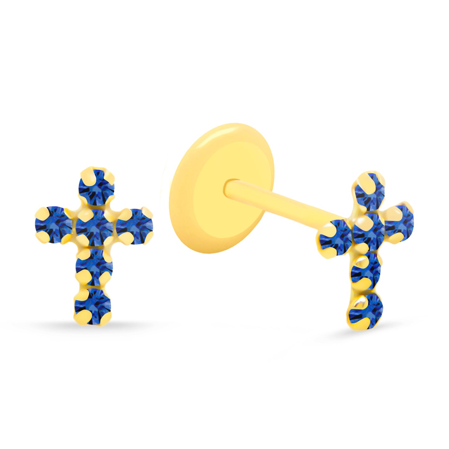 14K Yellow Gold Radiant Blue CZ Cross Stud Screwback Earrings