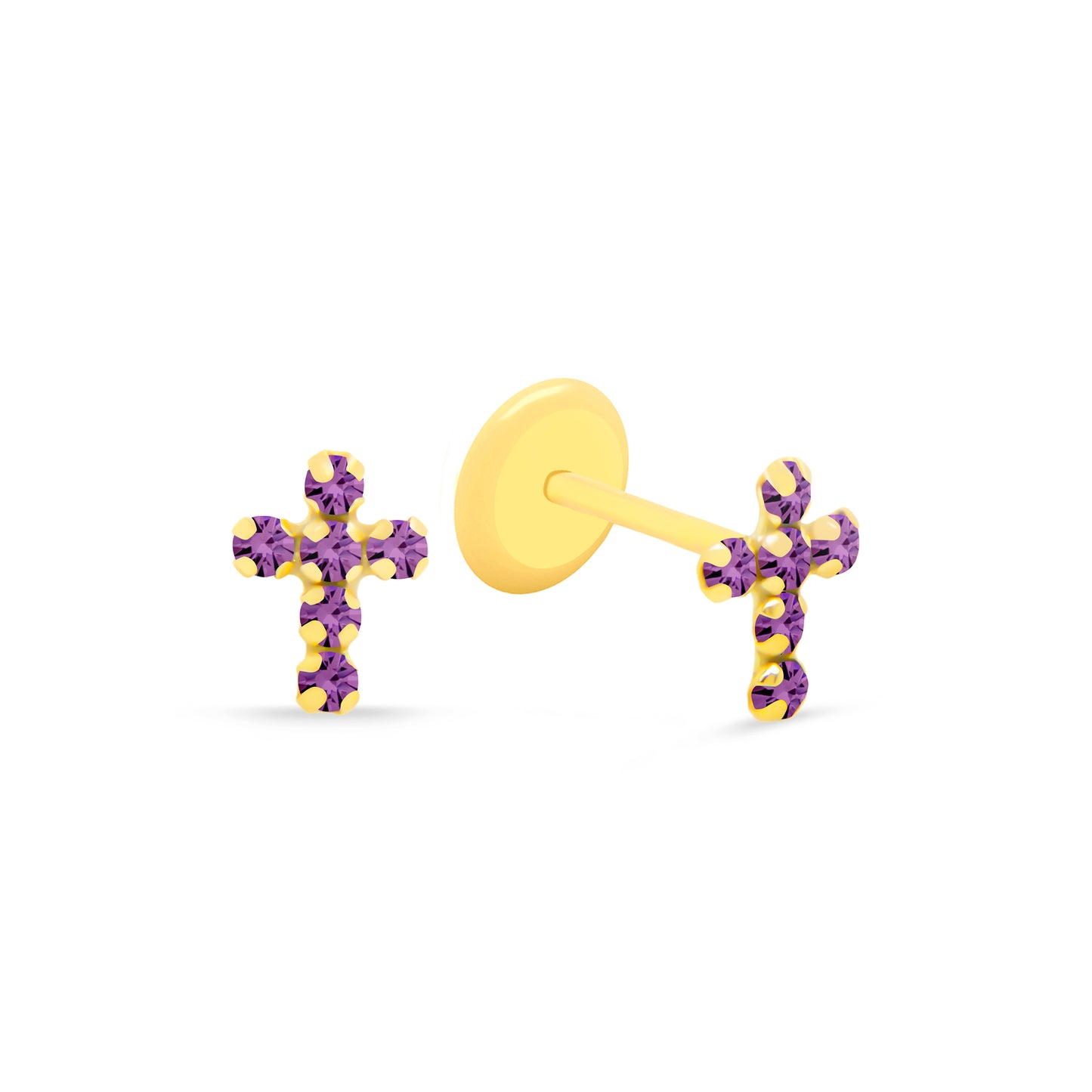 14K Yellow Gold Radiant Purple CZ Cross Stud Screwback Earrings