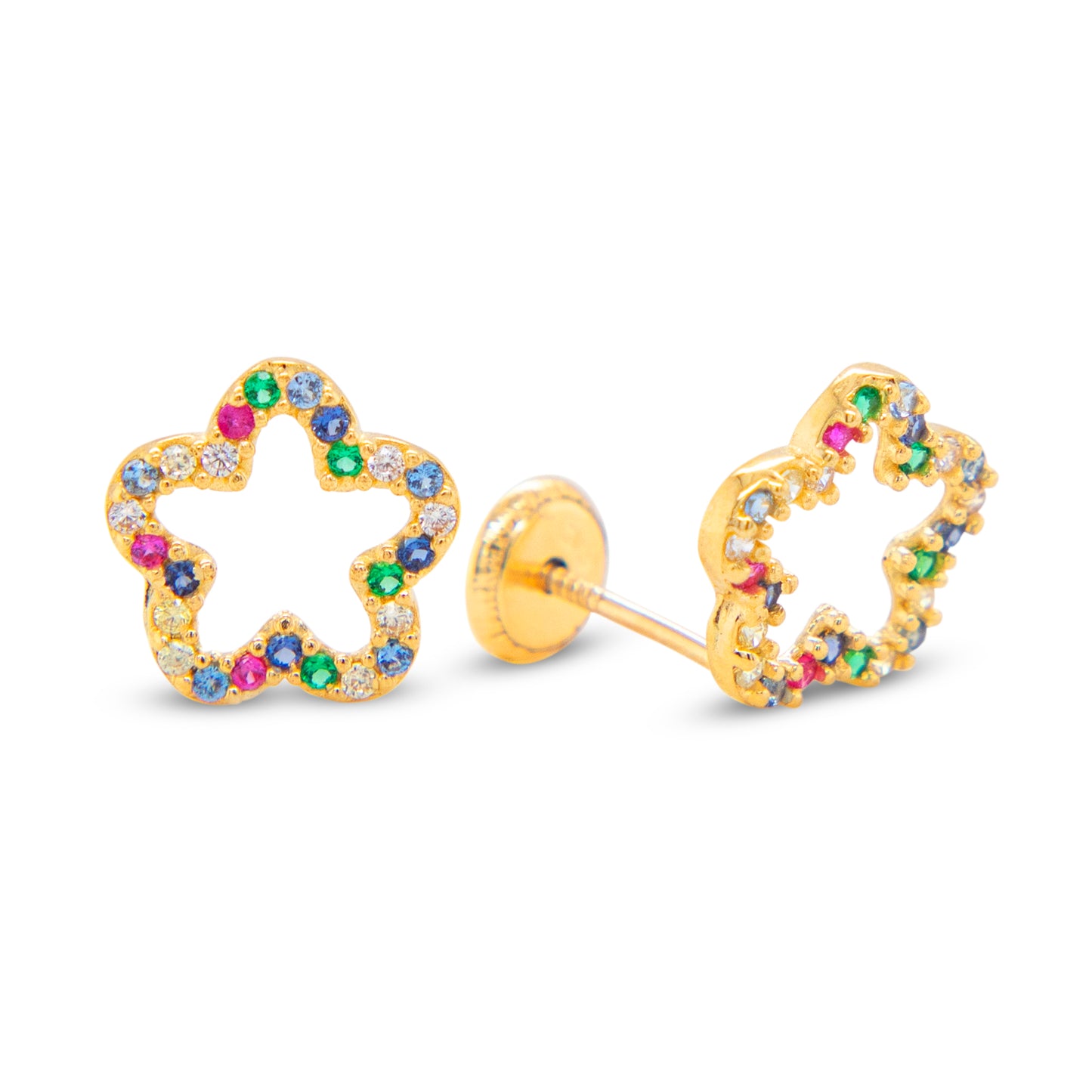 14K Yellow Gold Open Multi-Color CZ Screwback Earrings