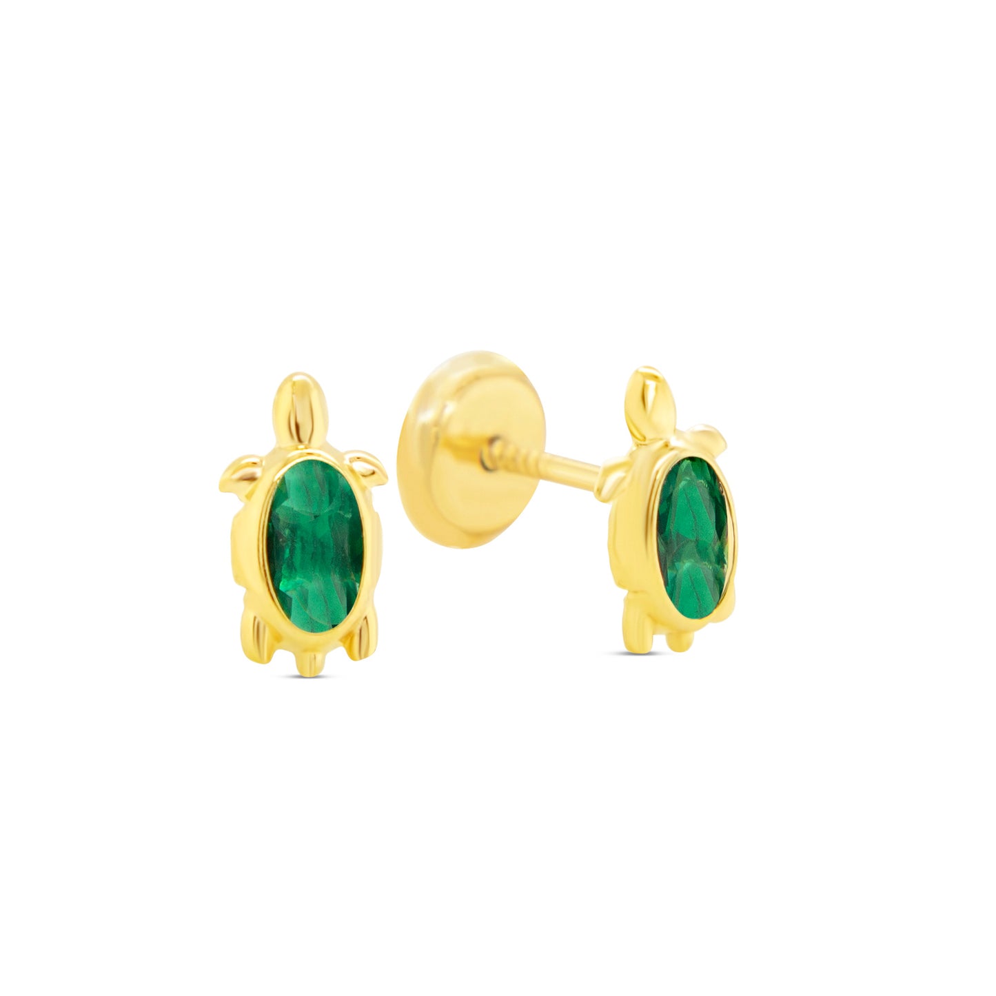 14K Yellow Gold Turtle with Green CZ Center Stud Screwback Earrings