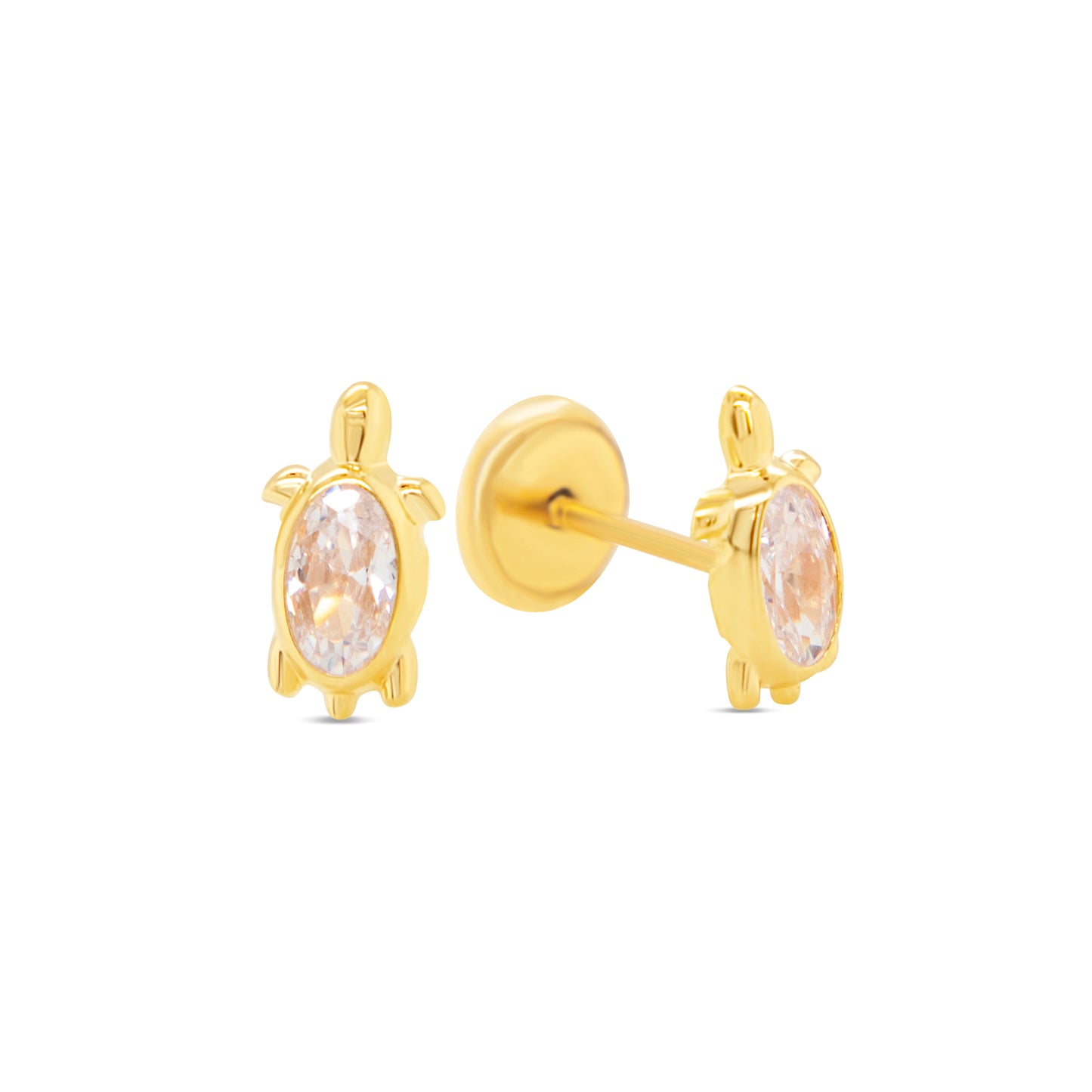 14K Yellow Gold Turtle with White CZ Center Stud Screwback Earrings