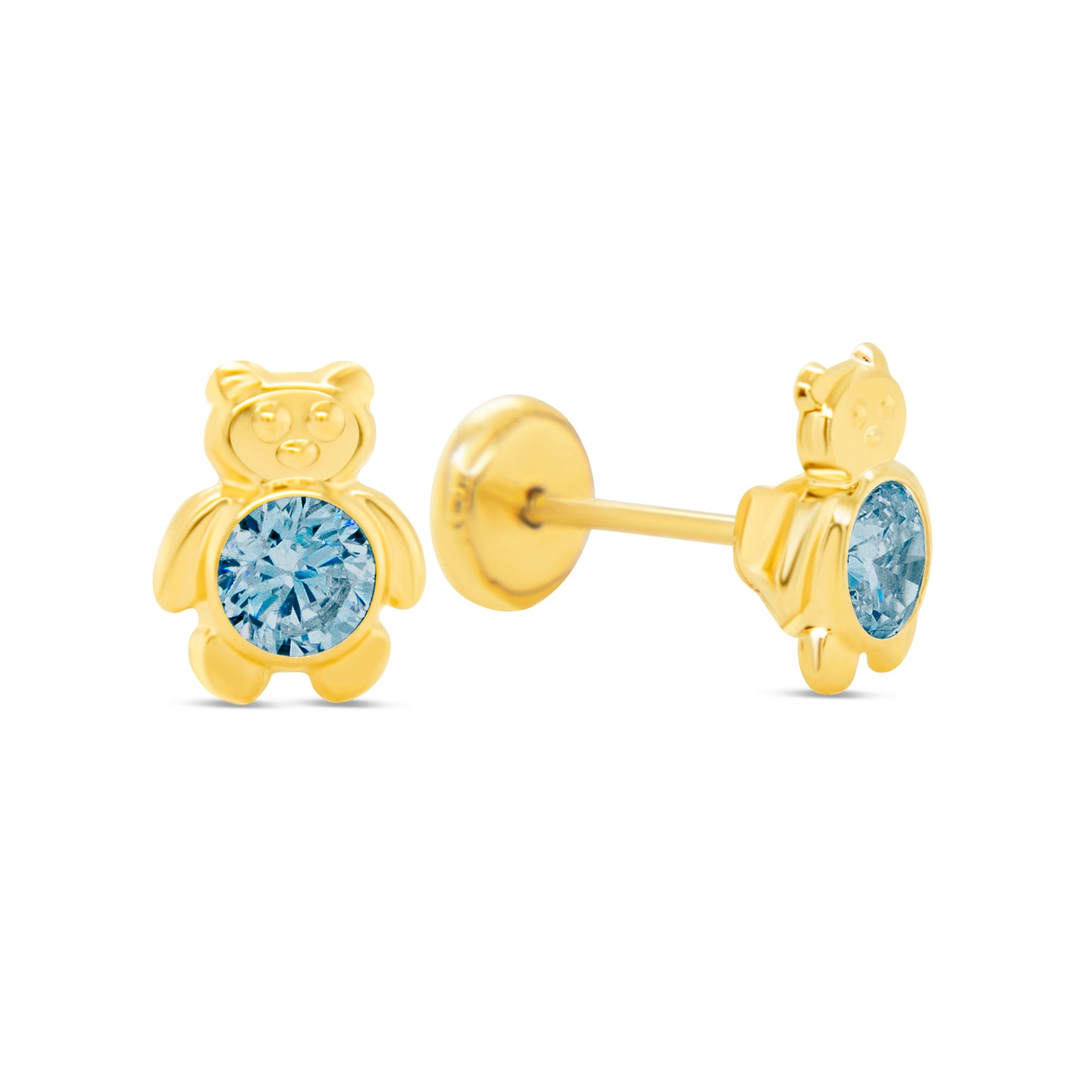 14K Yellow Gold Teddy Bear with Light Blue CZ Center Stud Screwback Earrings