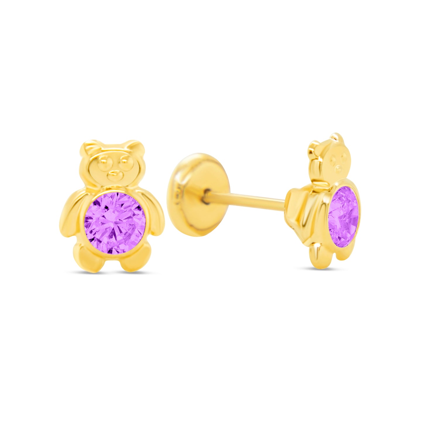 14K Yellow Gold Teddy Bear with Purple CZ Center Stud Screwback Earrings