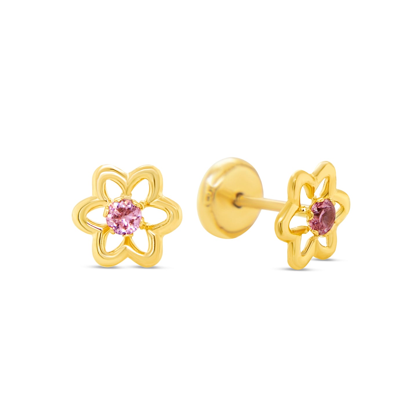 14K Yellow Gold Open Bloom with Pink CZ Center Stud Screwback Earrings