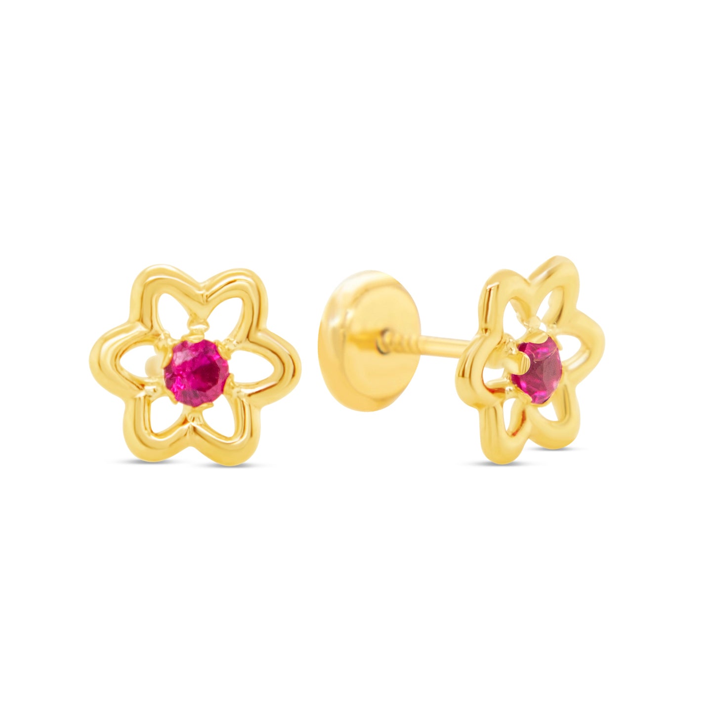 14K Yellow Gold Open Bloom with Red CZ Center Stud Screwback Earrings