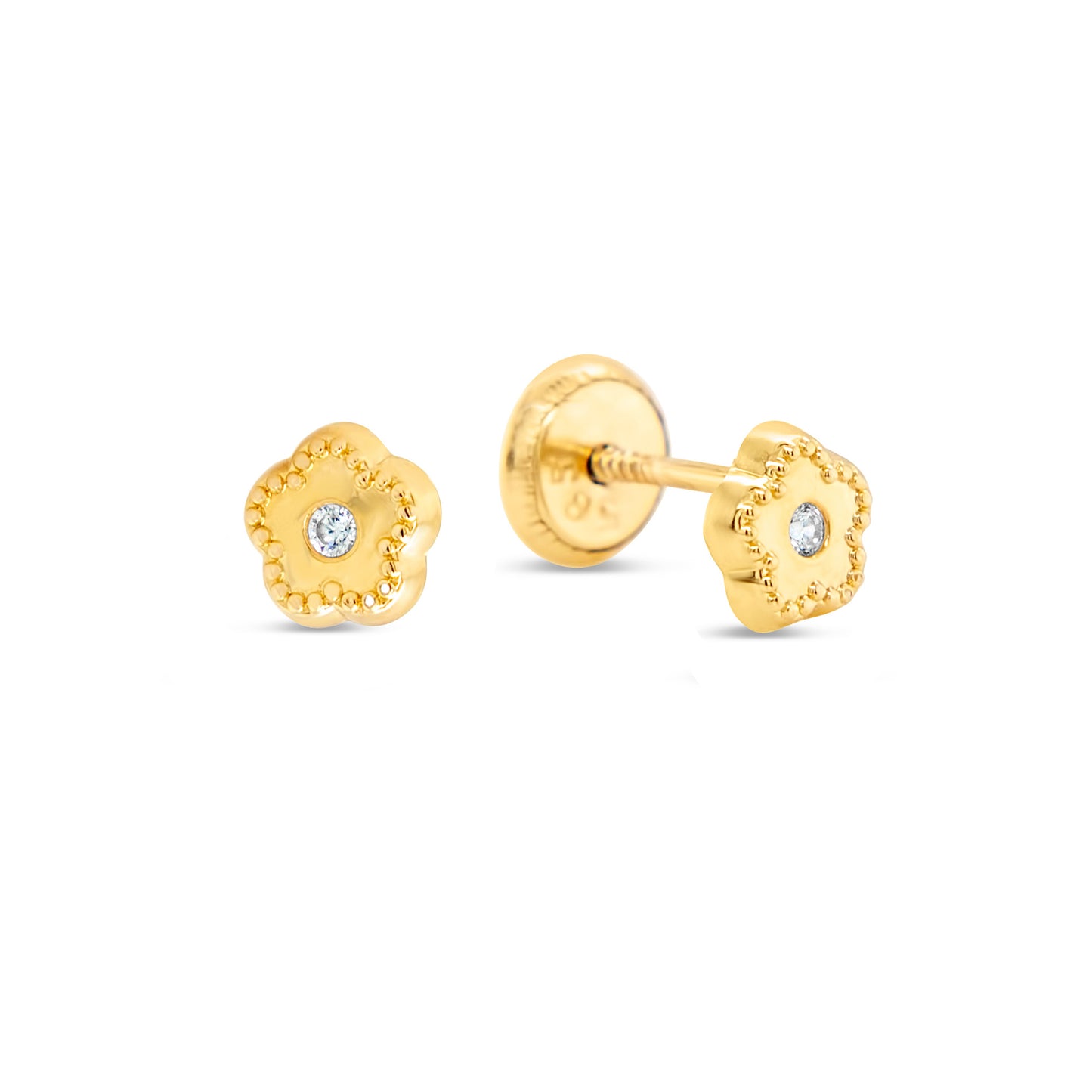 14K Yellow Gold Extra Small Flower with CZ Center Stud Screwback Earrings