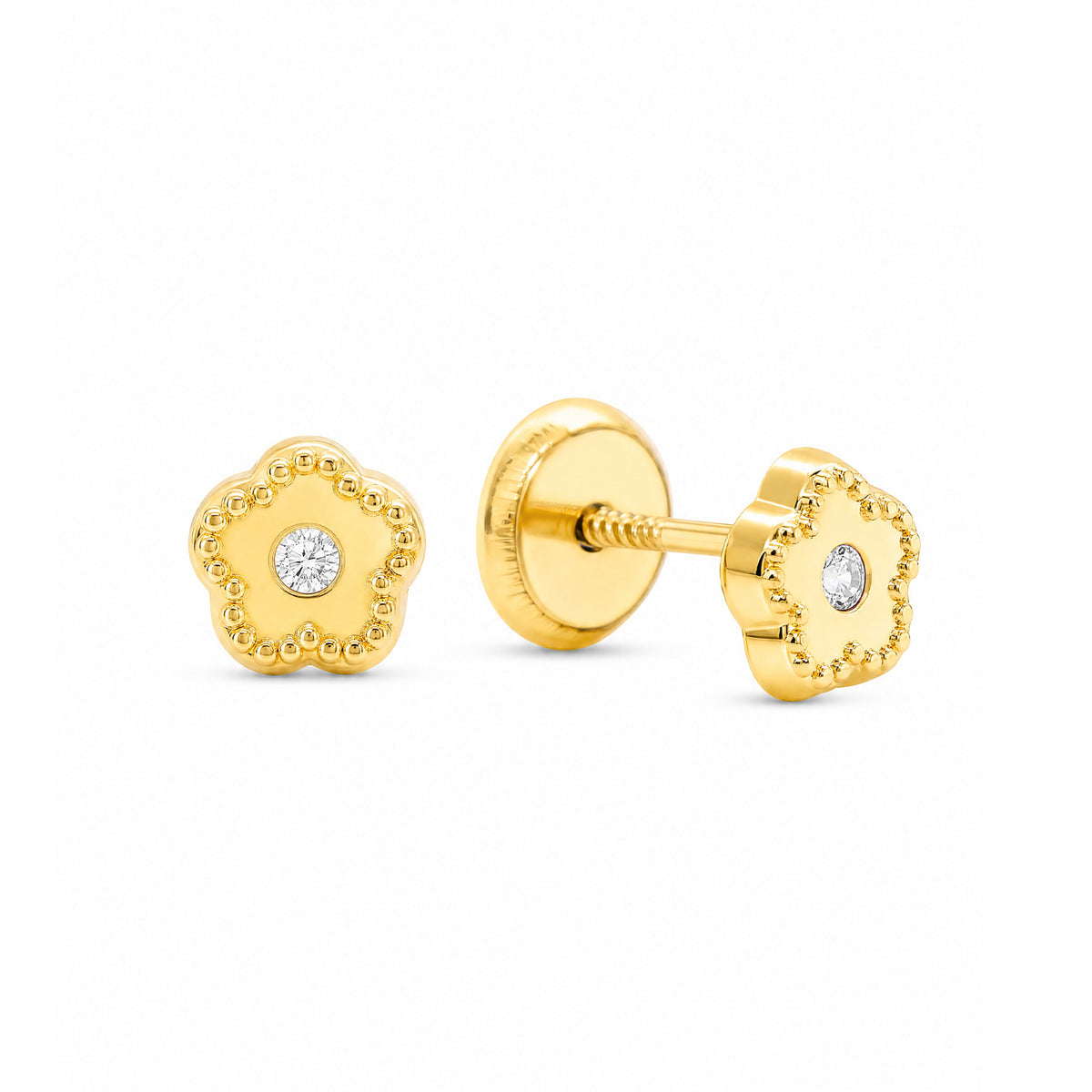 14K Yellow Gold Extra Small Flower with CZ Center Stud Screwback Earrings
