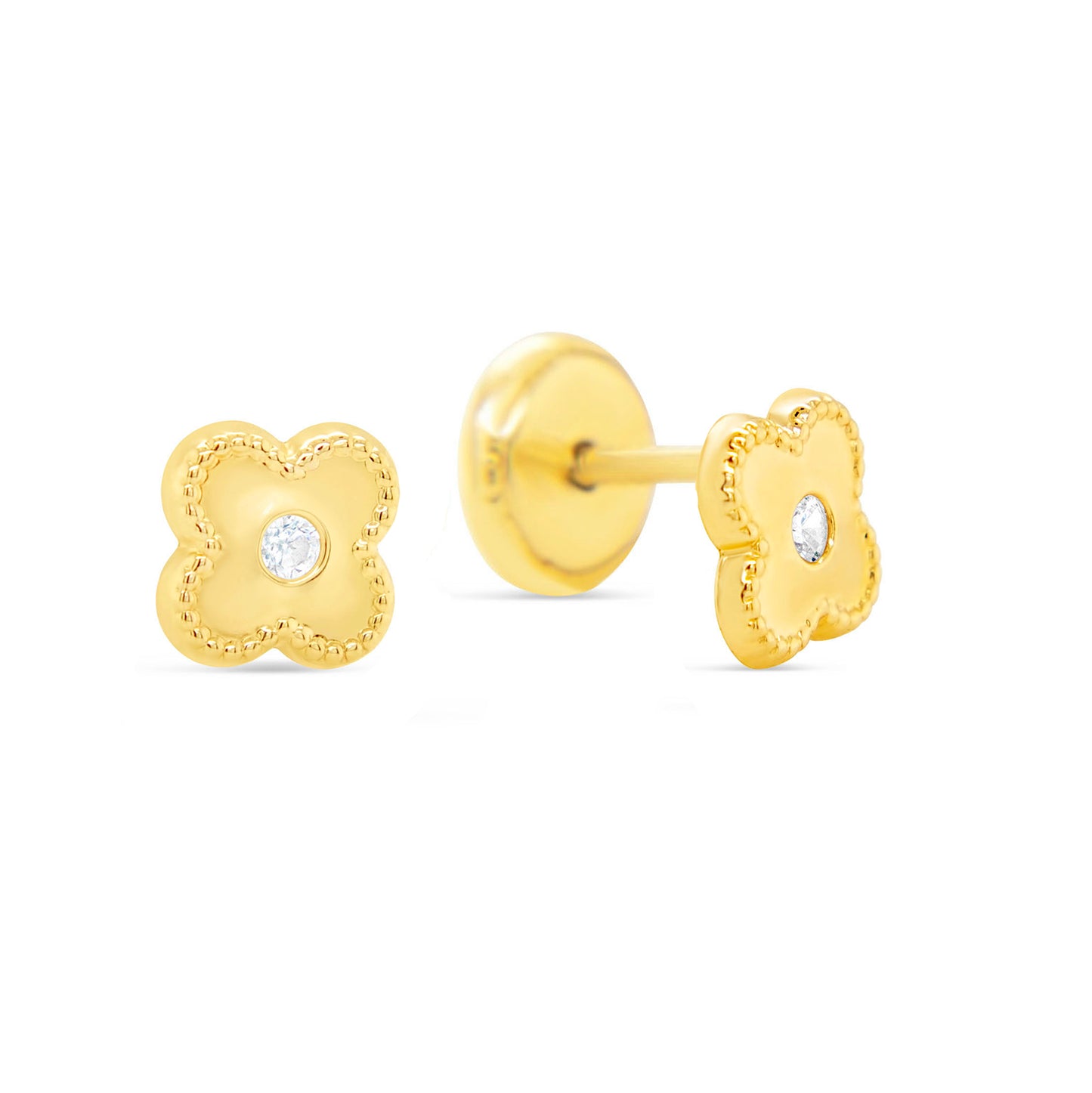 14K Yellow Gold Extra Small Detailed Clover with CZ Center Stud Screwback Earrings