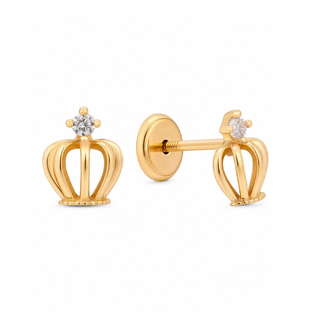 14K Yellow Gold Crown with Solitaire White CZ Accent Stud Screwback Earrings