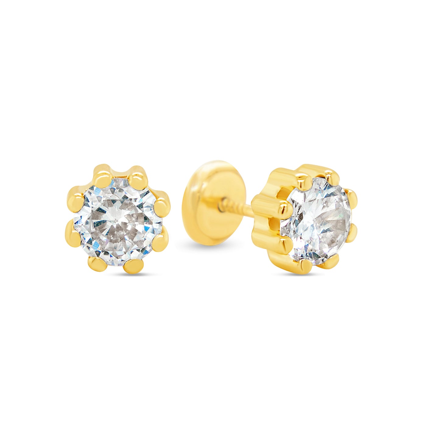 14K Yellow Gold 5MM Pink Round CZ 8-Prong Stud Screwback Earrings