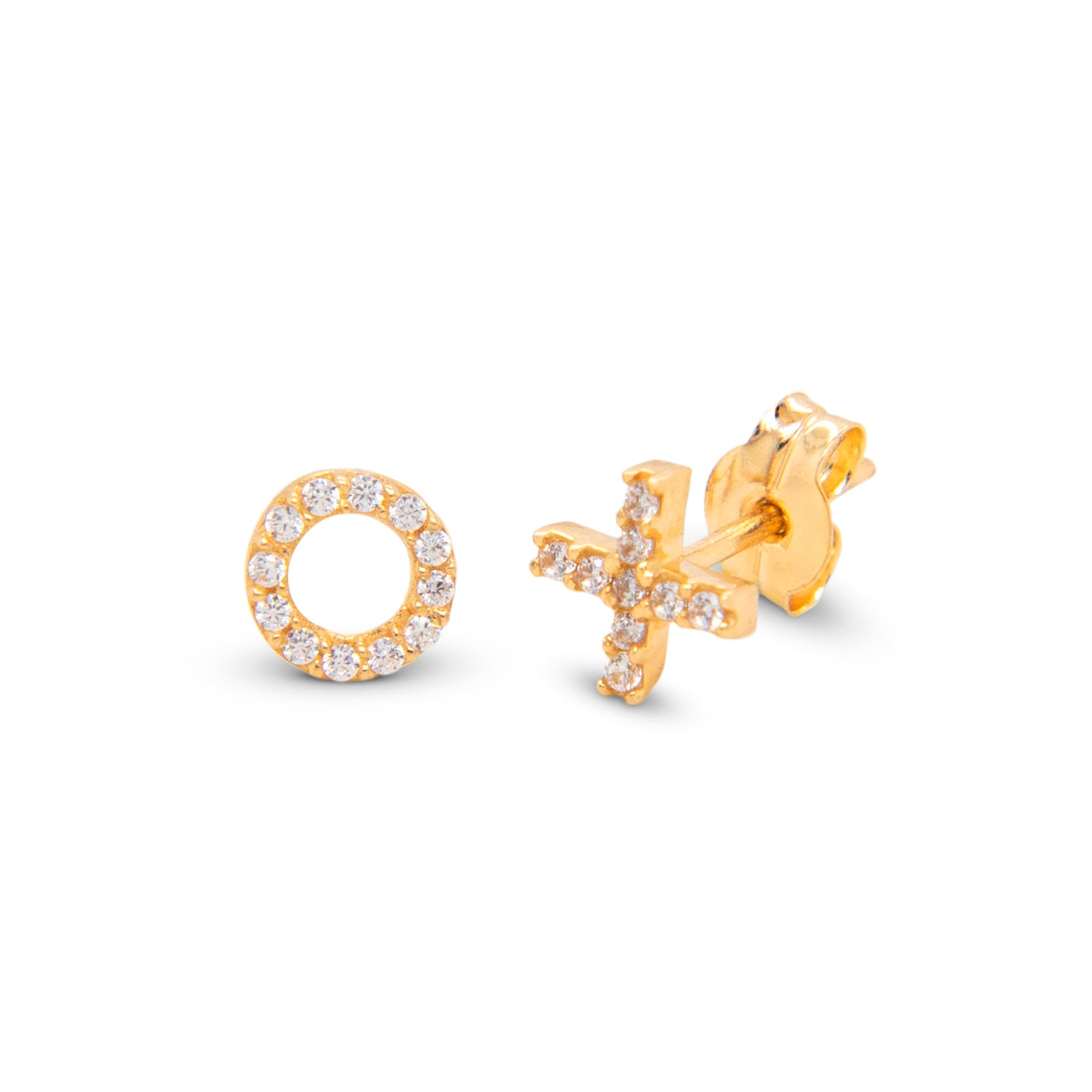 14K Yellow Gold Small "XO" Pave White CZ Stud Screwback Earrings