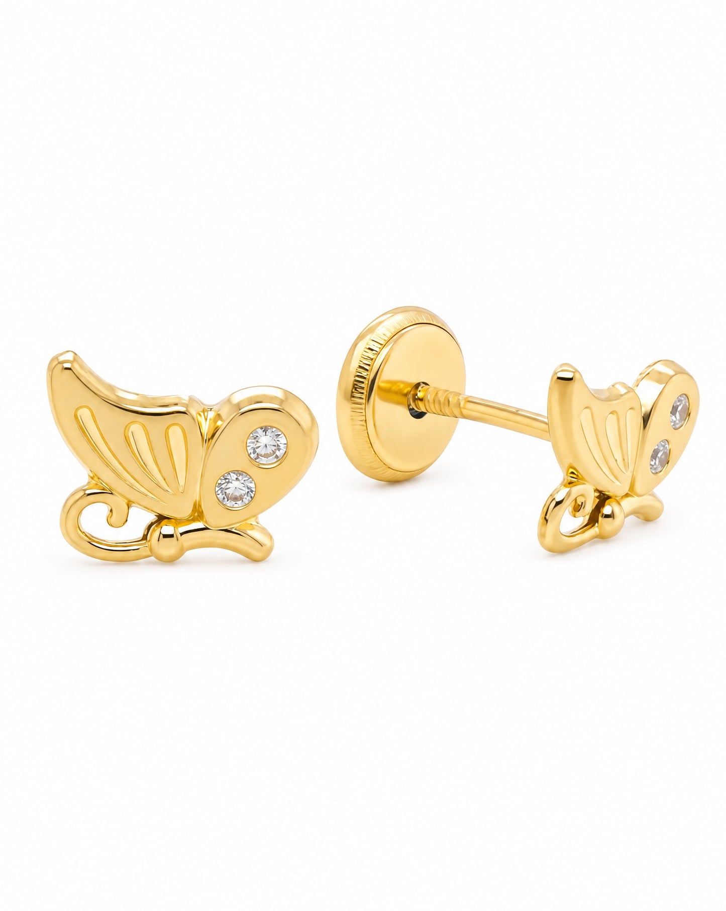 14K Yellow Gold Flying Butterfly with White CZ Accents Stud Screwback Earrings