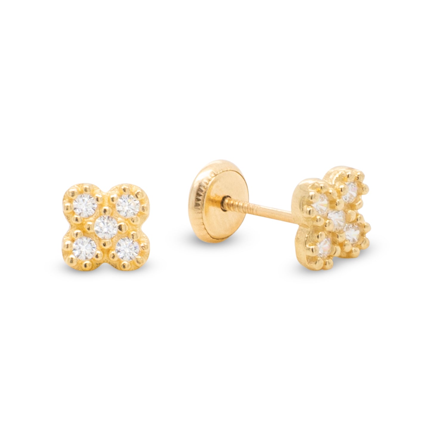 14K Yellow Gold Medium Radiant Pave CZ Clover Stud Screwback Earrings