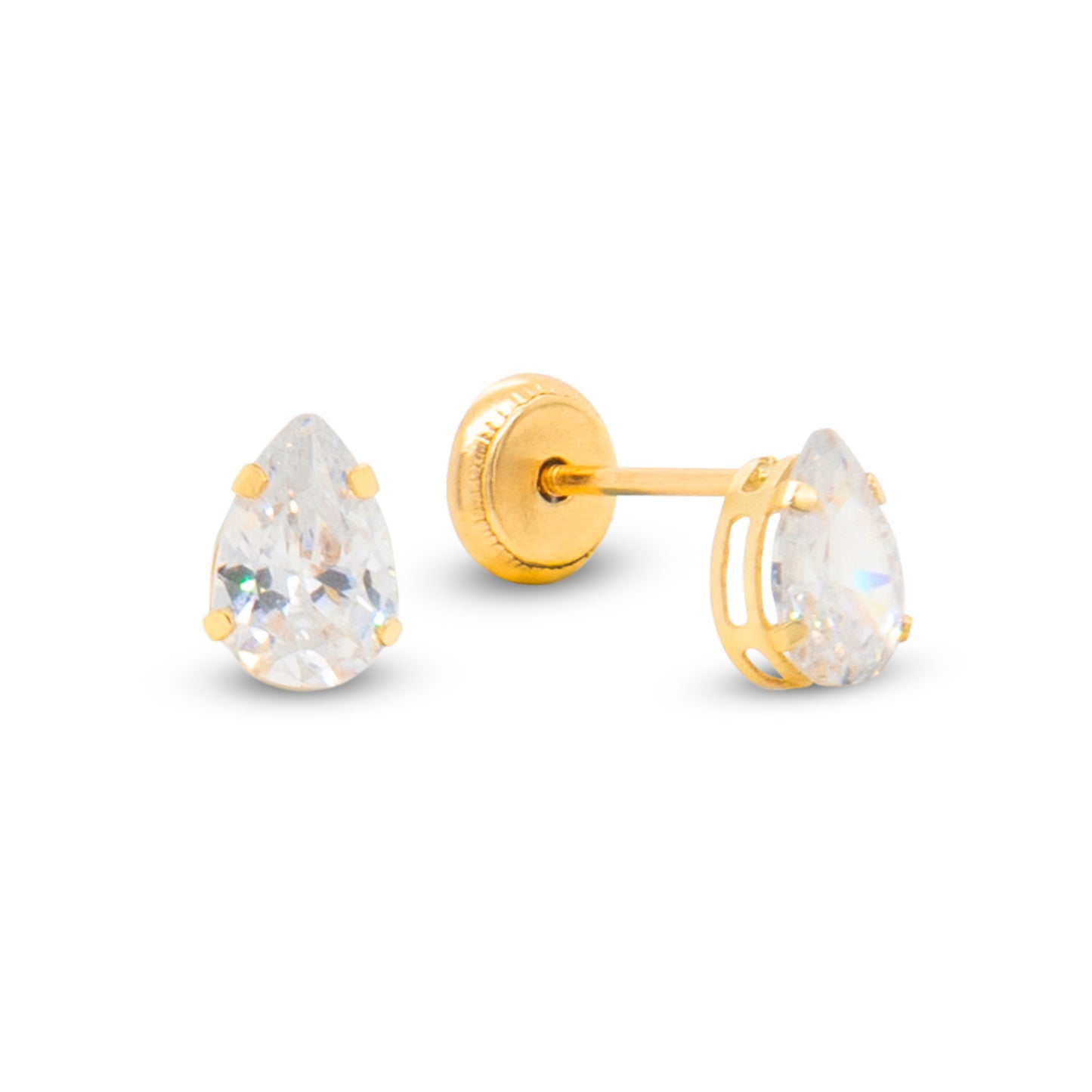 14K Yellow Gold 4MM CZ Pear Cut Stud Screwback Earrings