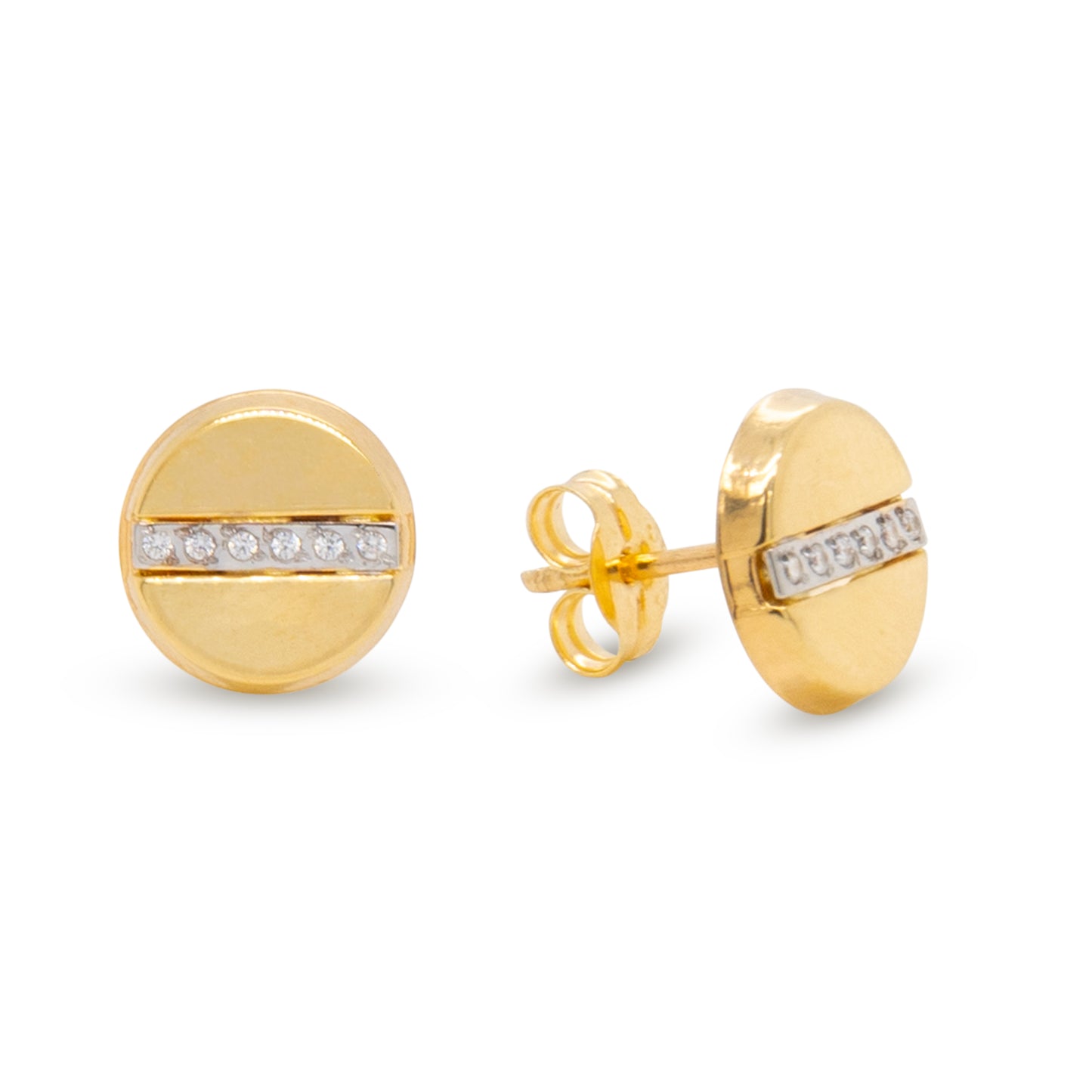 14K Yellow Gold Large Pave CZ Bar Disc Stud Pushback Earrings