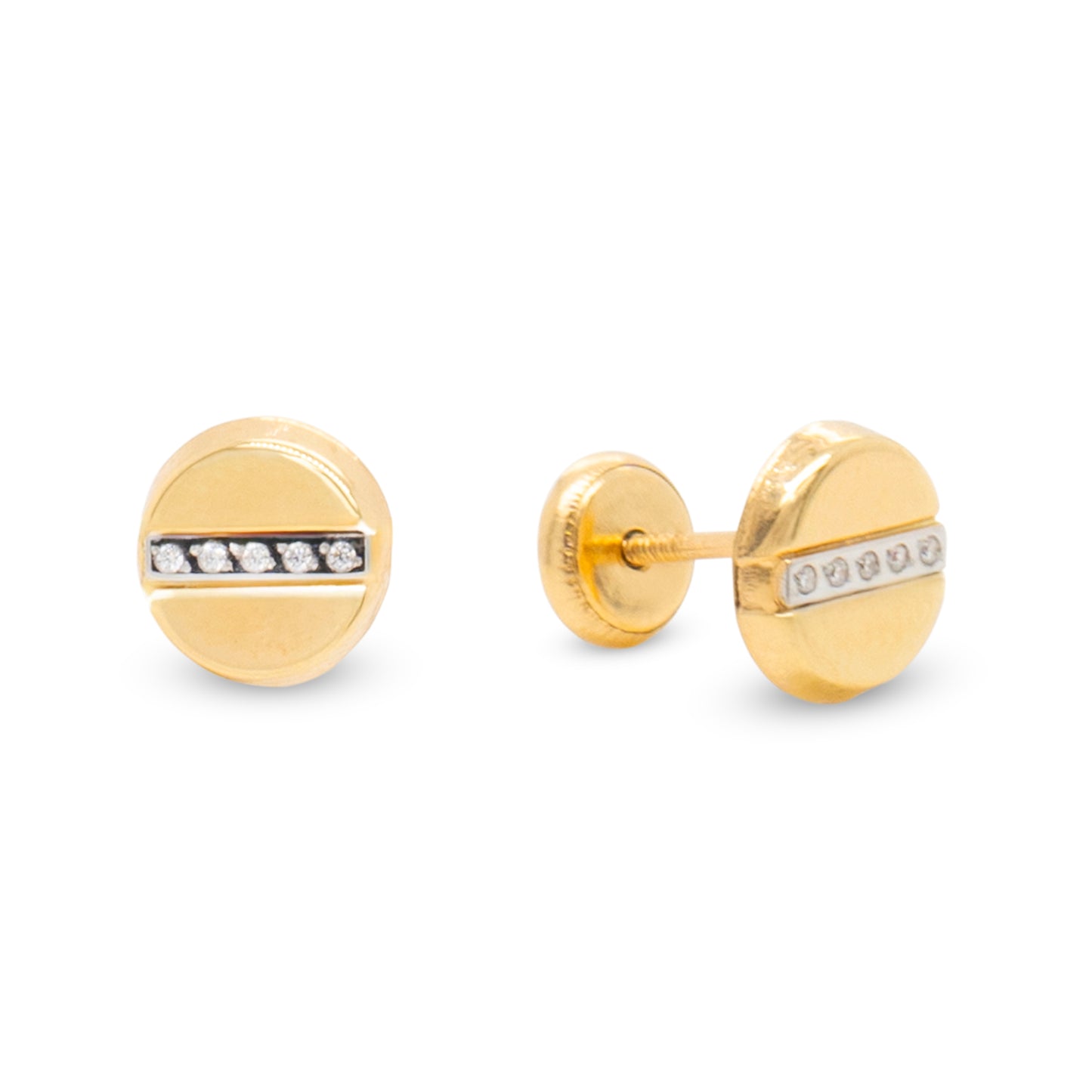 14K Yellow Gold Medium Pave CZ Bar Disc Stud Screwback Earrings