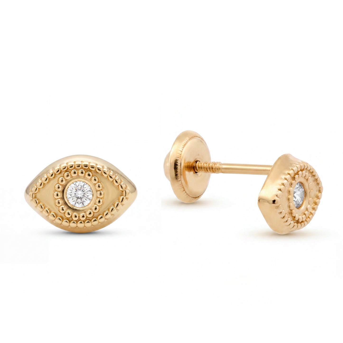 14K Yellow Gold Evil Eye and CZ on Center Stud Screwback Earrings