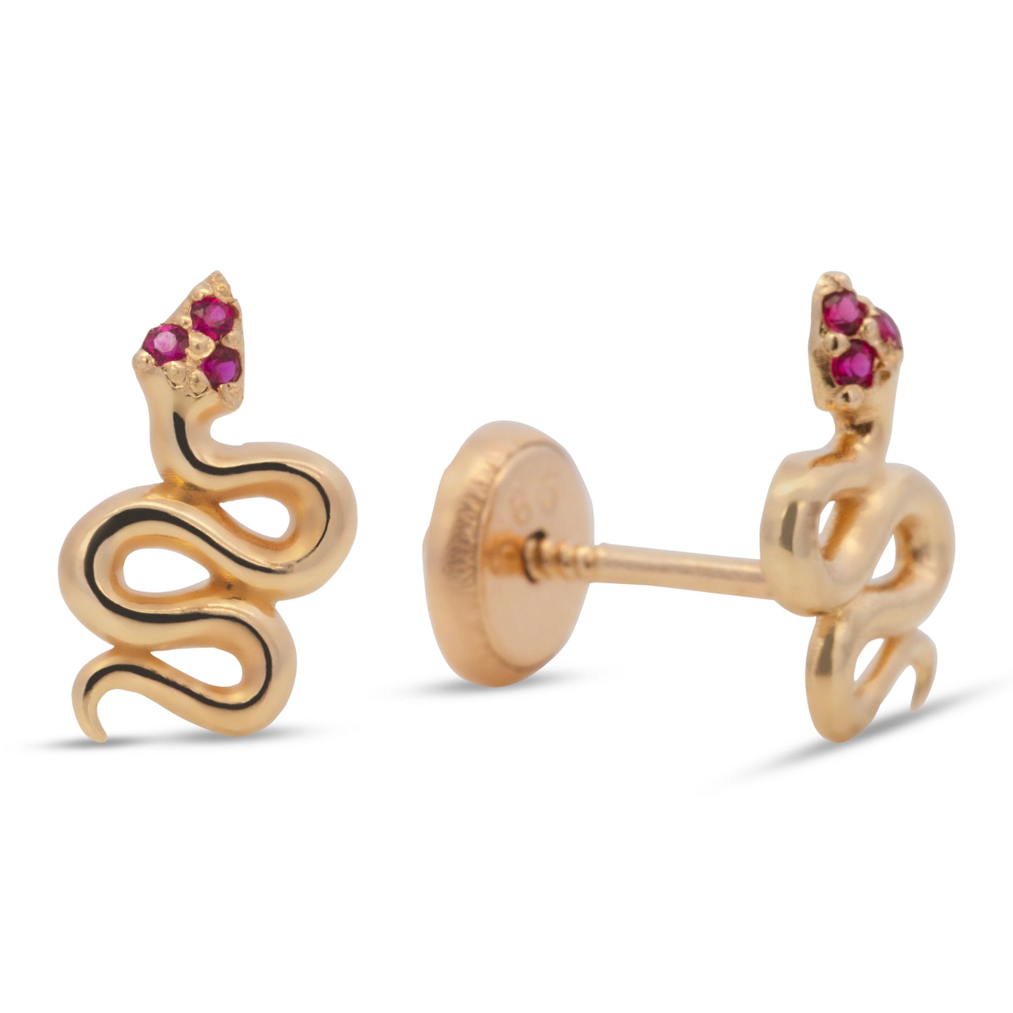 14K Yellow Gold Slithering Snake with Red CZ Accents Stud Screwback Earrings