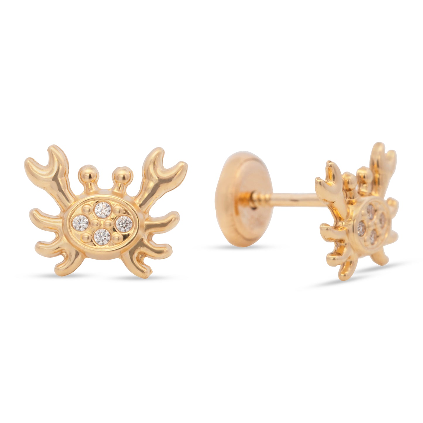 14K Yellow Gold Crab with White CZ Accents Stud Screwback Earrings