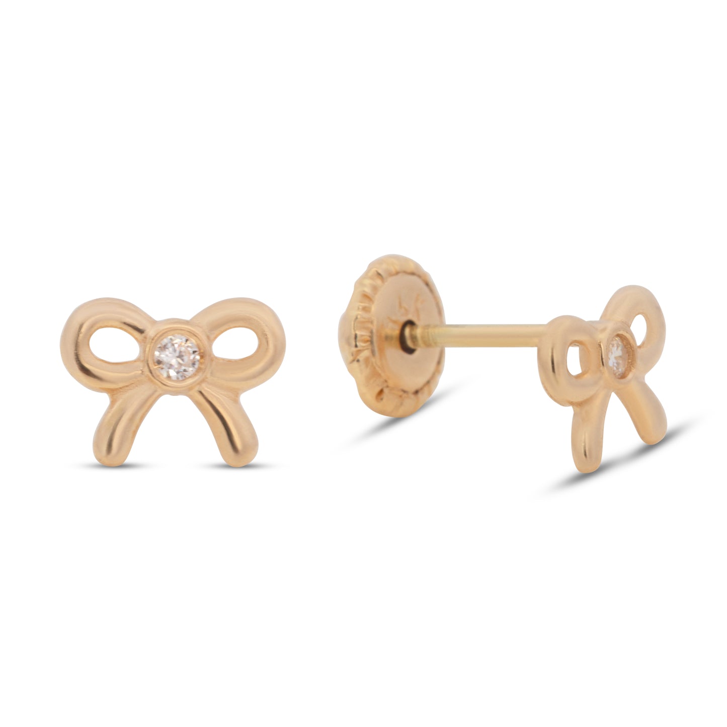 14K Yellow Gold Bow with Solitaire White CZ Accent Stud Screwback Earrings