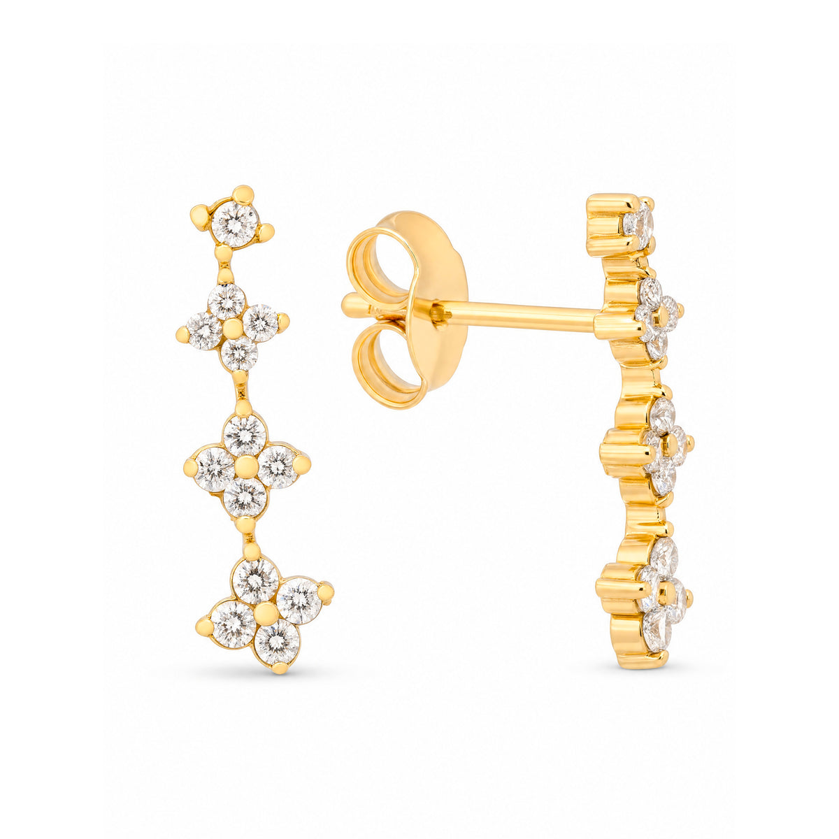 14K Yellow Gold CZ Star Burst Crawler Stud Pushback Earrings