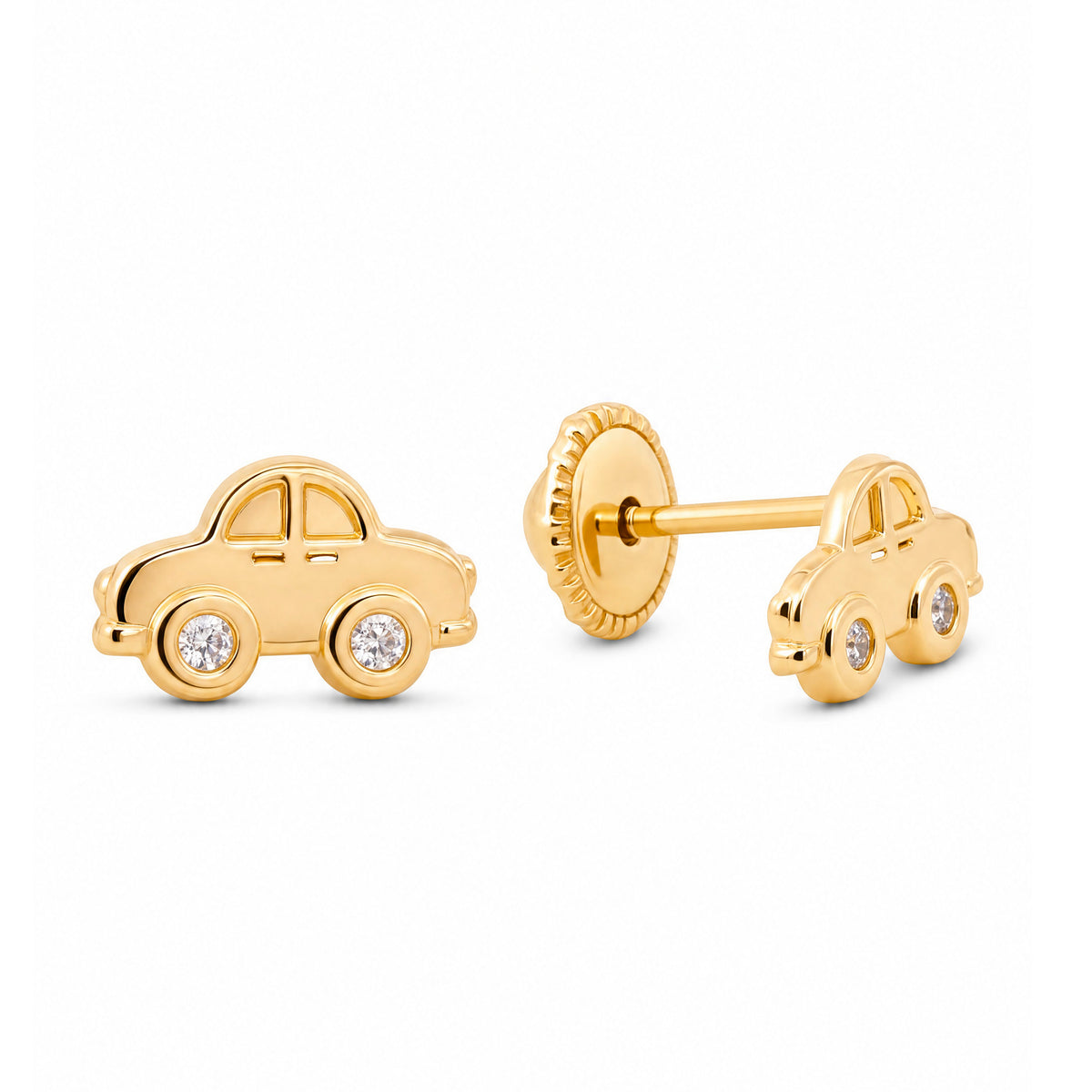 14K Yellow Gold Car with White CZ Accents Stud Screwback Earrings
