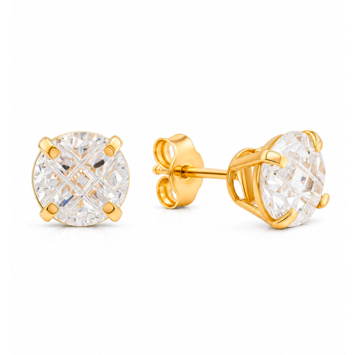 14K Yellow Gold 7MM White CZ Princess Stud Pushback Earrings