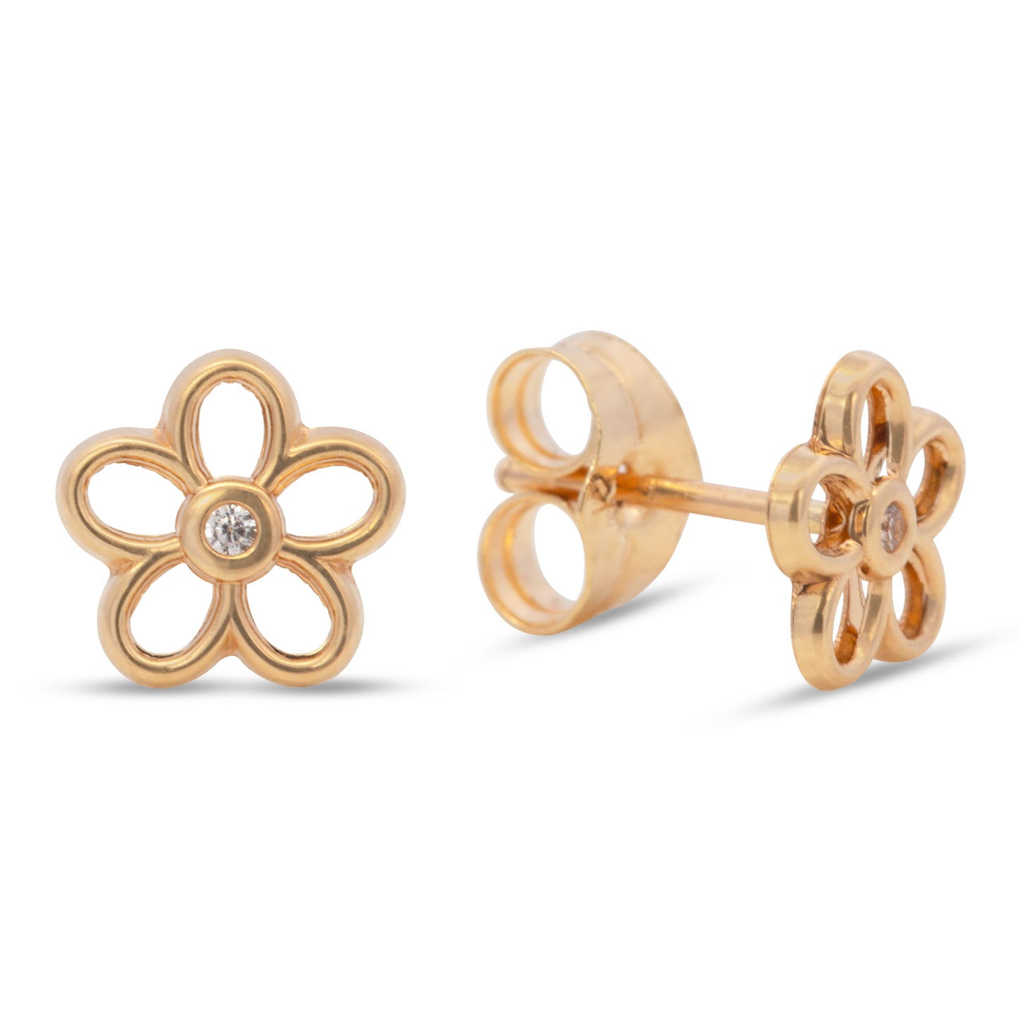 14K Yellow Gold Open Flower with Solitaire CZ Center Stud Pushback Earrings