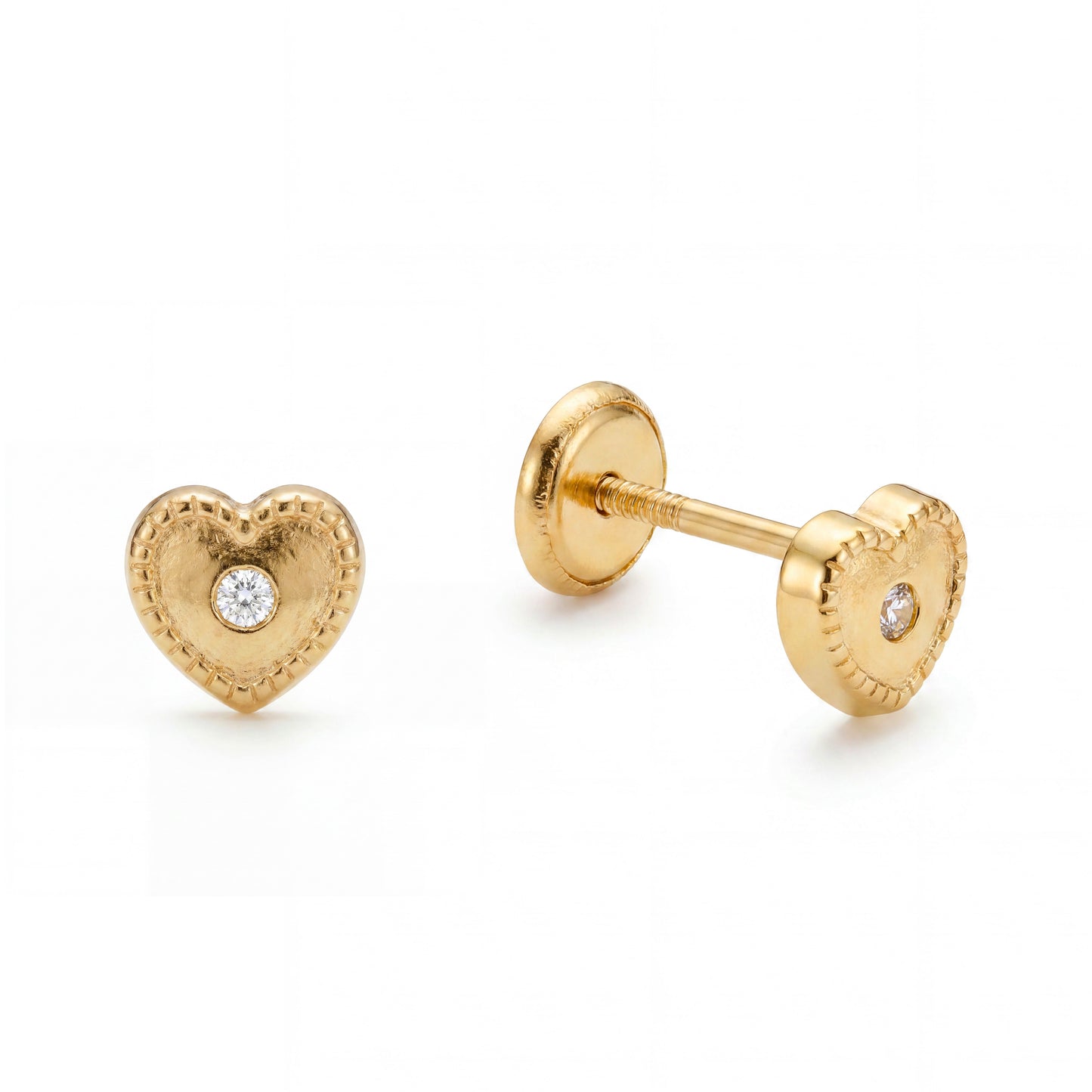 14K Yellow Gold Heart With Beaded Edge Single CZ Stud Screwback Earrings
