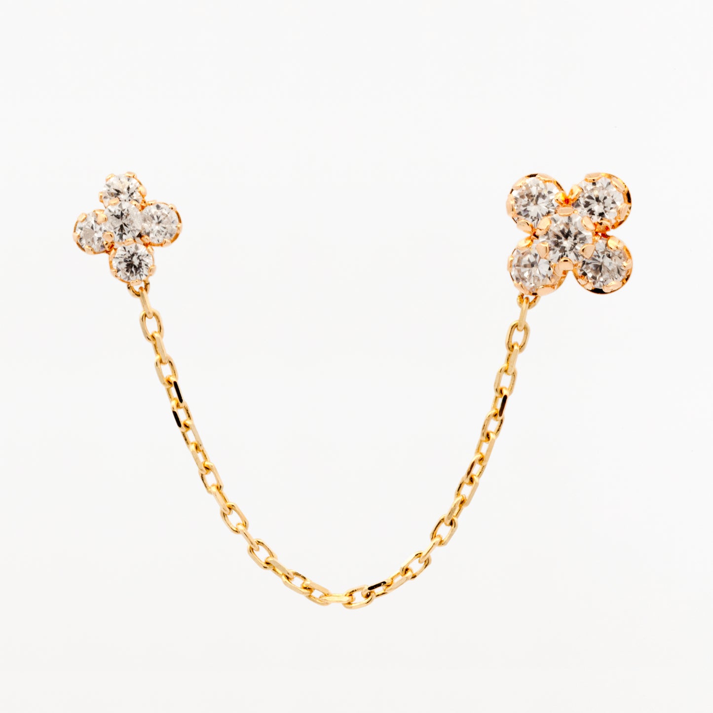 14K Yellow Gold CZ Medium Flowers Connected with Chain Screwback Earrings