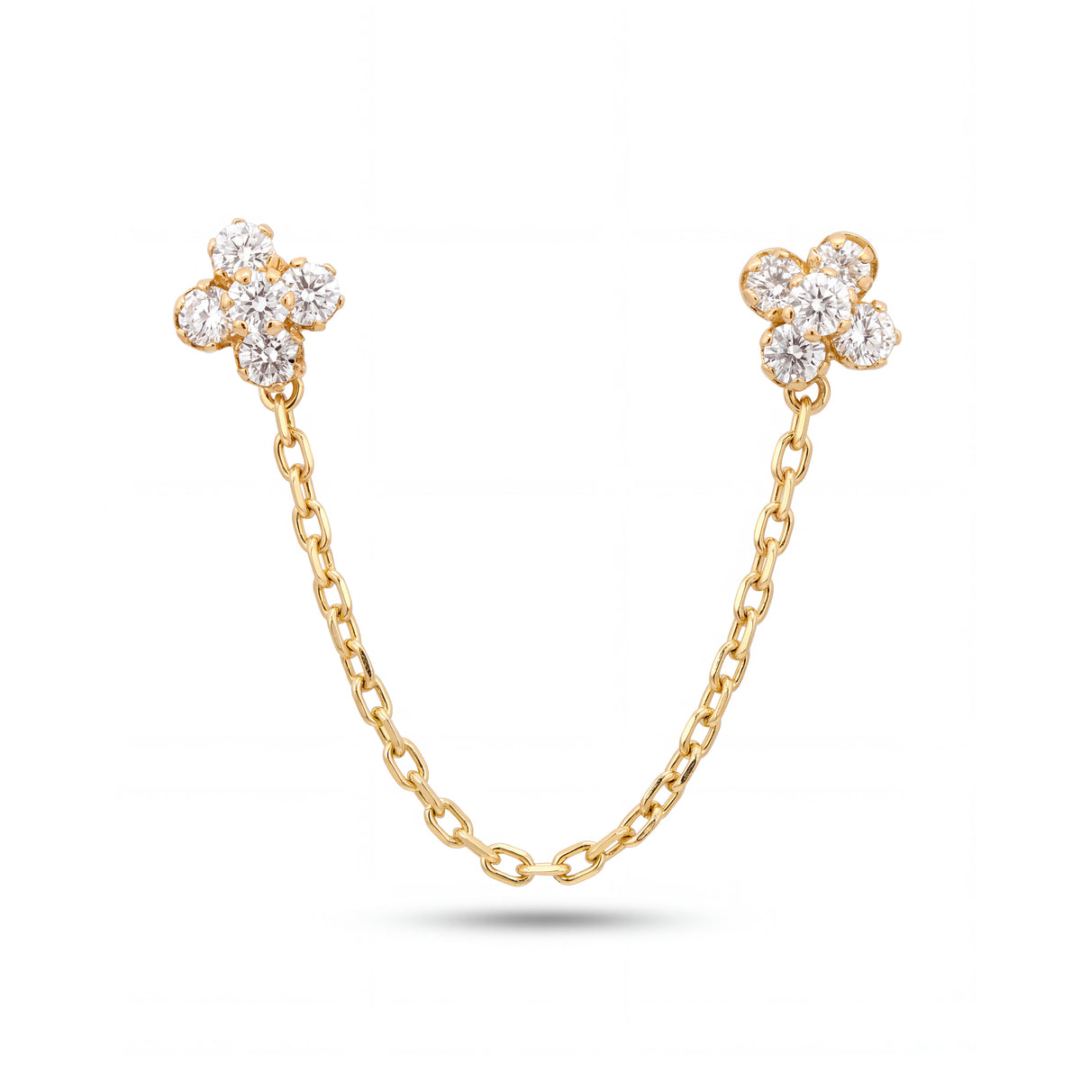 14K Yellow Gold CZ Flowers Connected with Chain Screwback Earrings