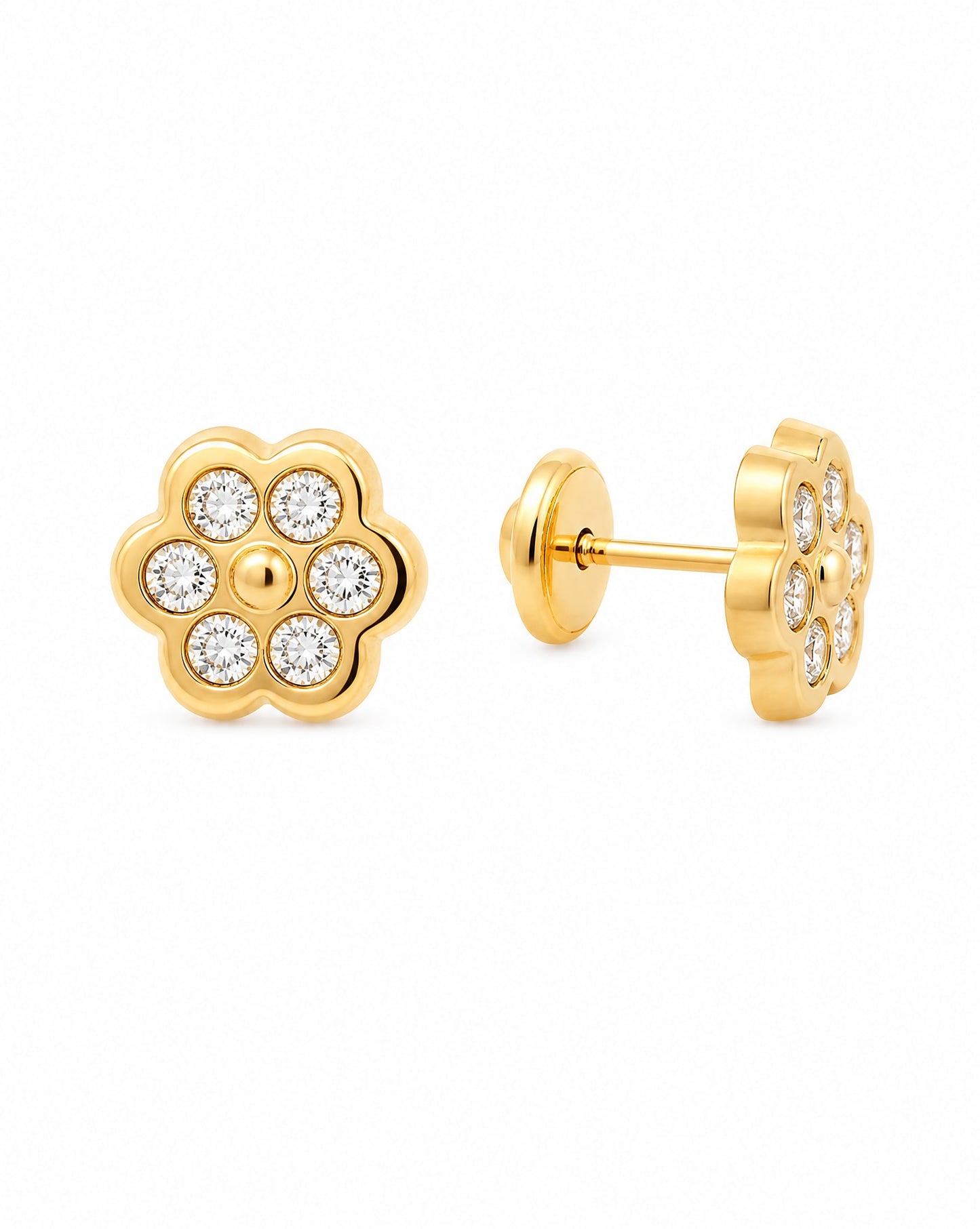 14K Yellow Gold CZ Flower Stud Screwback Earrings