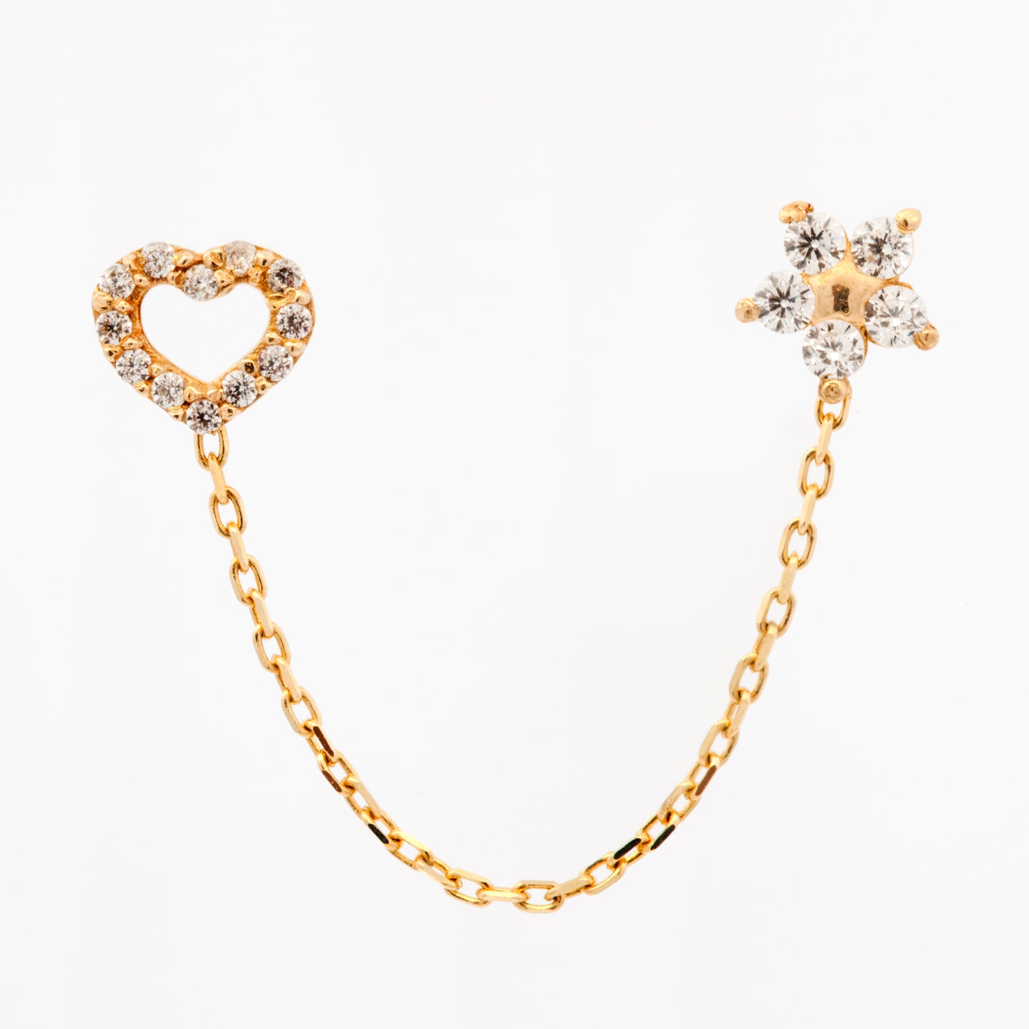 14K Yellow Gold CZ Flower and Open Heart Connected with Chain Screwback Earrings