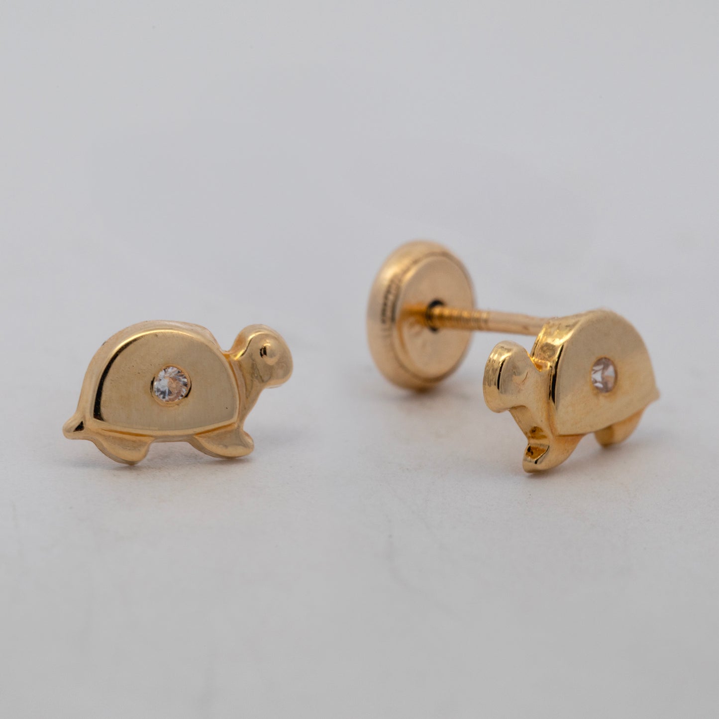 14K Yellow Gold Medium Polish Turtle with CZ Screwback Earrings