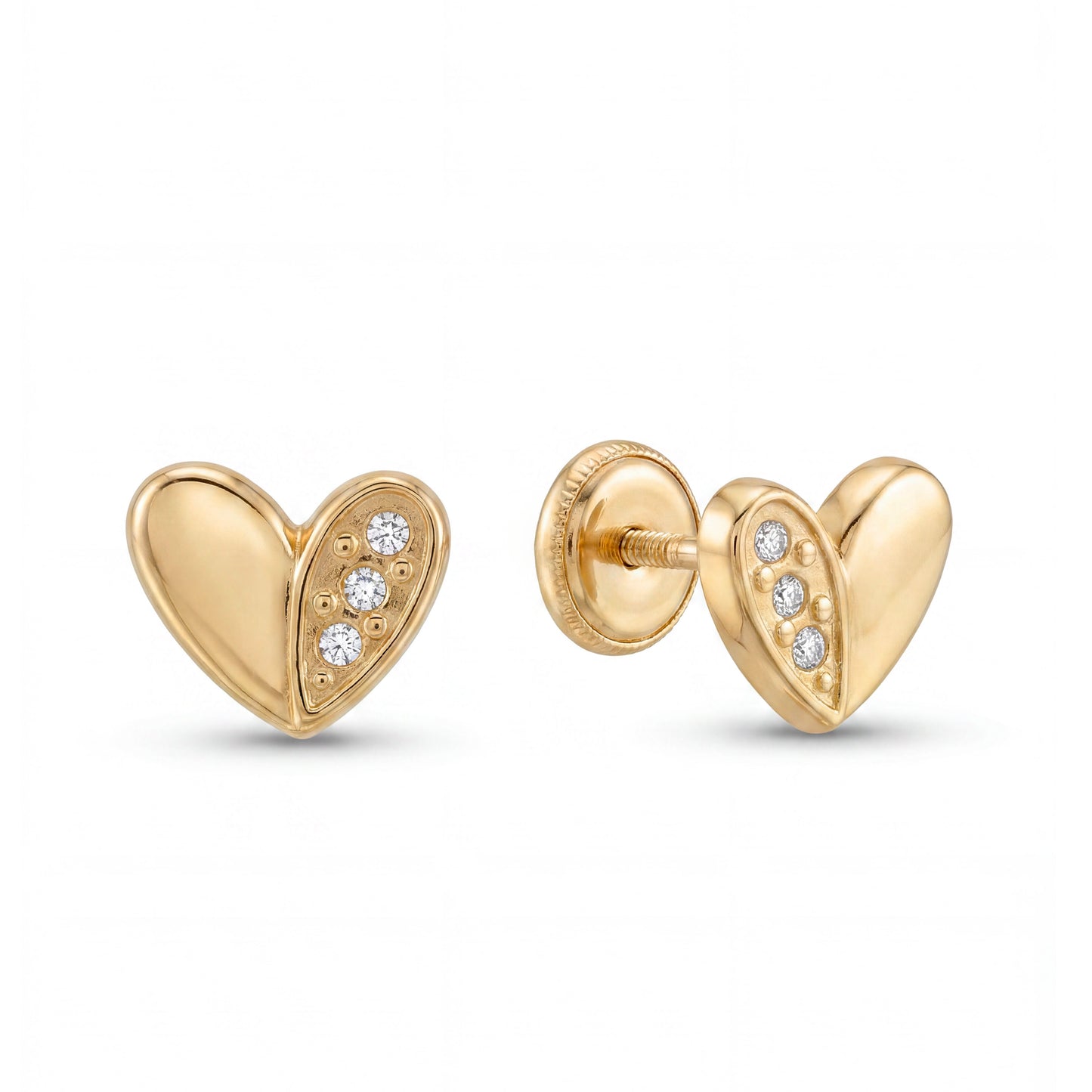 14K Yellow Gold Half Polish Heart and Half CZ Stud Screwback Earrings