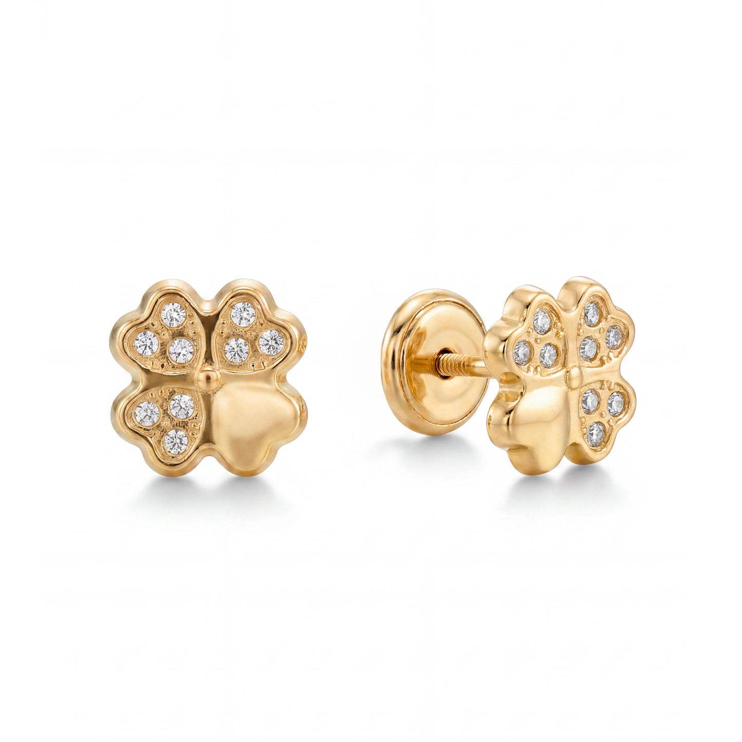 14K Yellow Gold Flower With CZ Heart Shaped Petals Stud Screwback Earrings