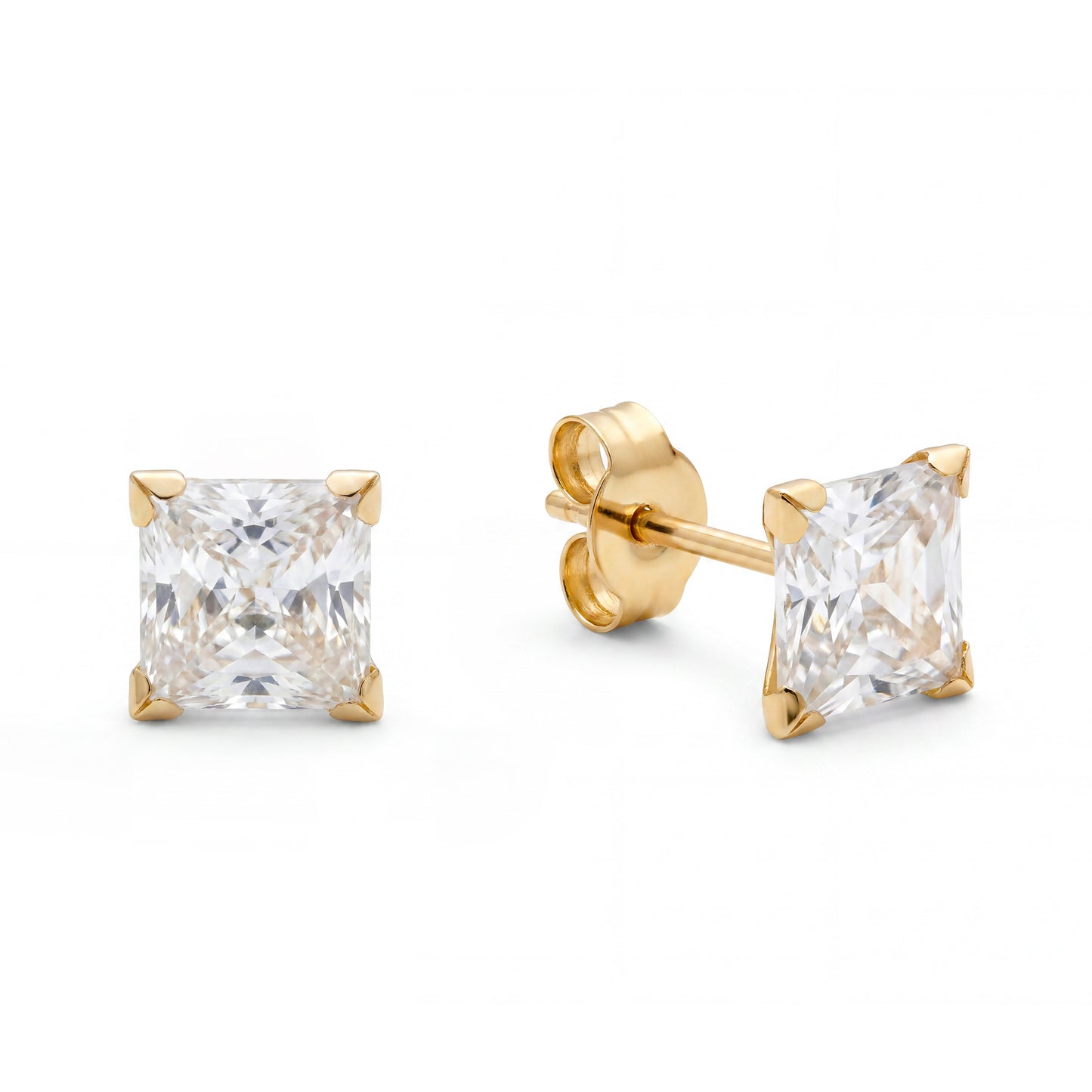 14K Yellow Gold 6MM Solitaire Princess Cut CZ Stud Pushback Earrings