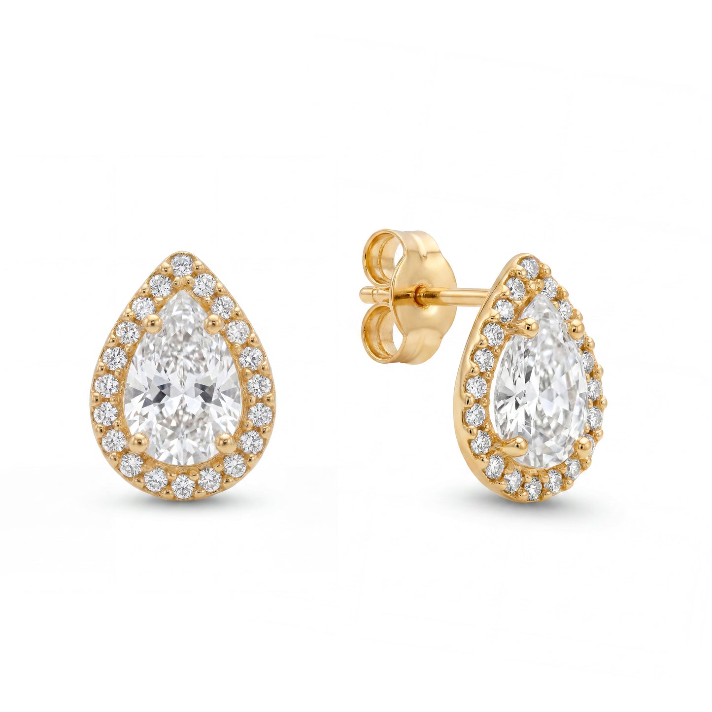 14K Yellow Gold CZ White Pear Cut with MP Around Pushback Earring