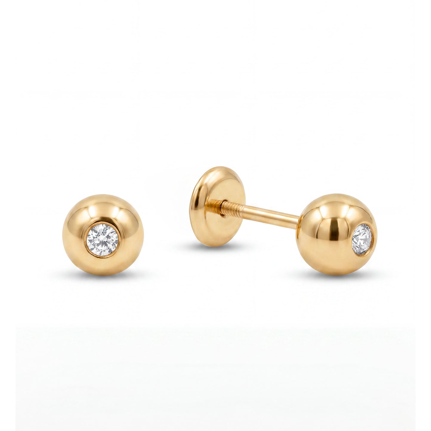 14K Yellow Gold Ball With CZ On Center Stud Screwback Earrings