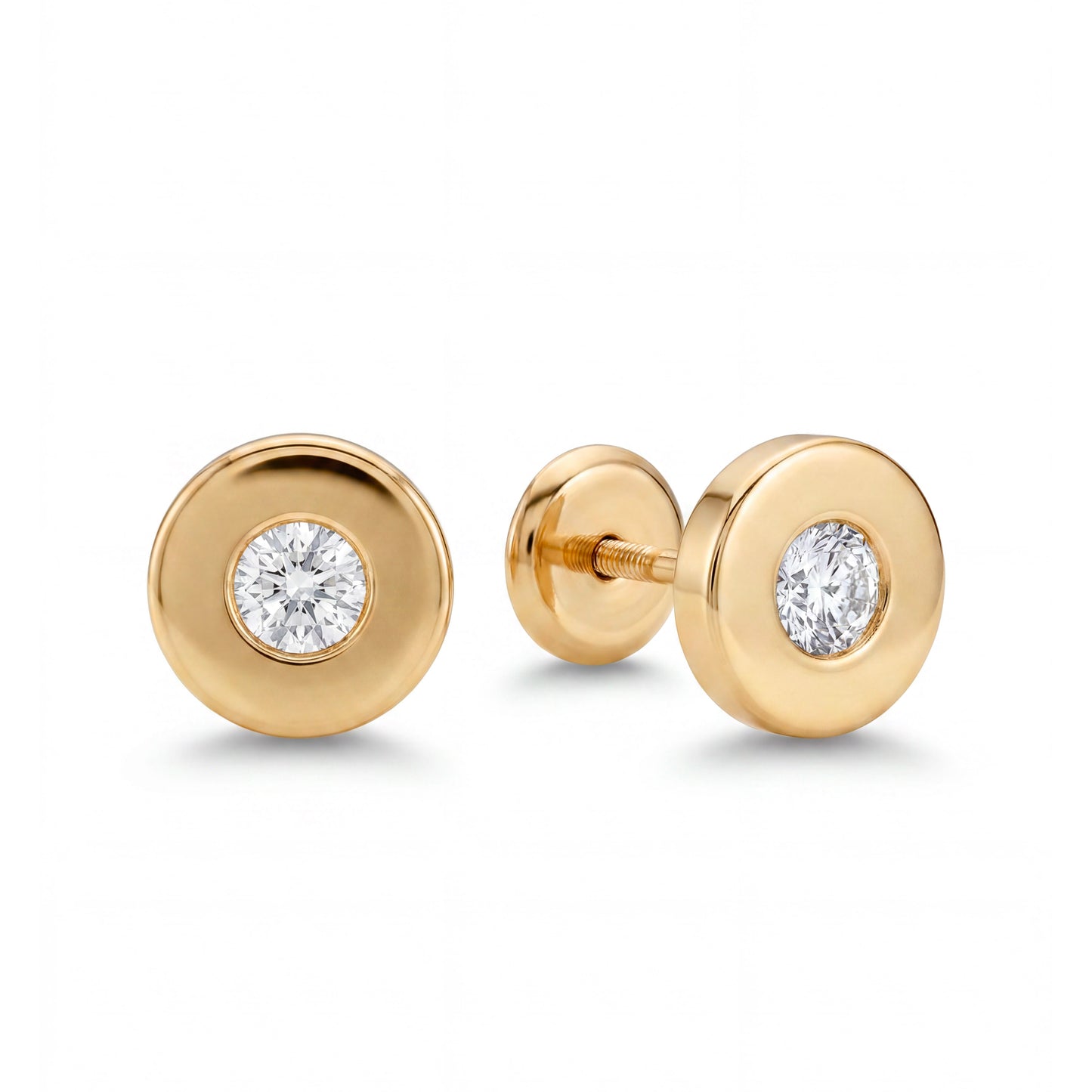 14K Yellow Gold Small Round Bezel & CZ Screwback Earrings