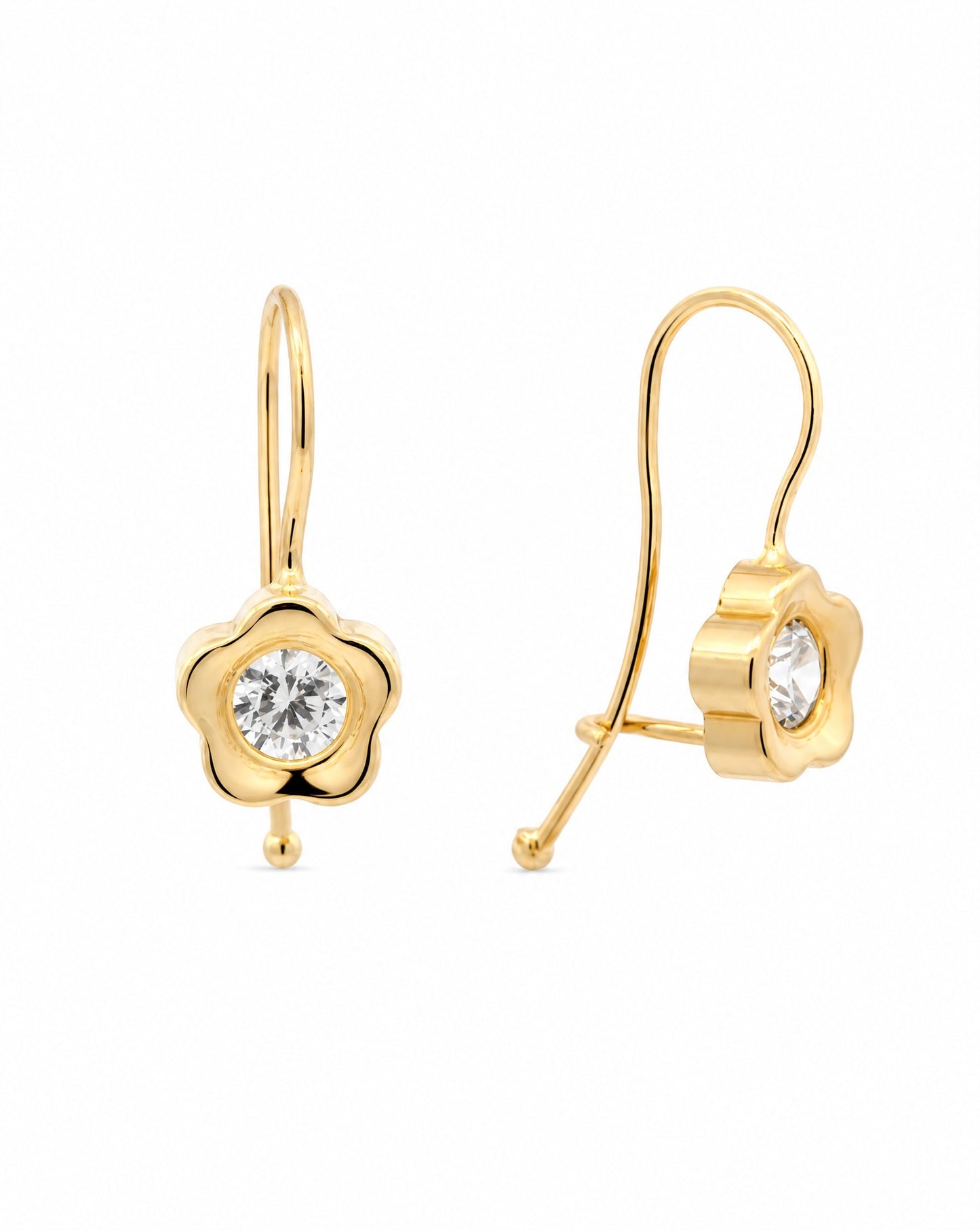 14K Yellow Gold Flower & CZ On Center Huggie Earrings