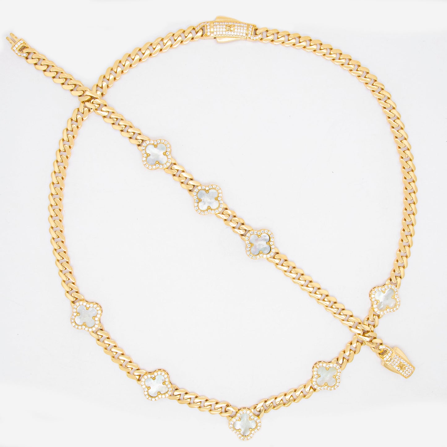 14k Yellow Gold 8 White Acrylic Clover Set