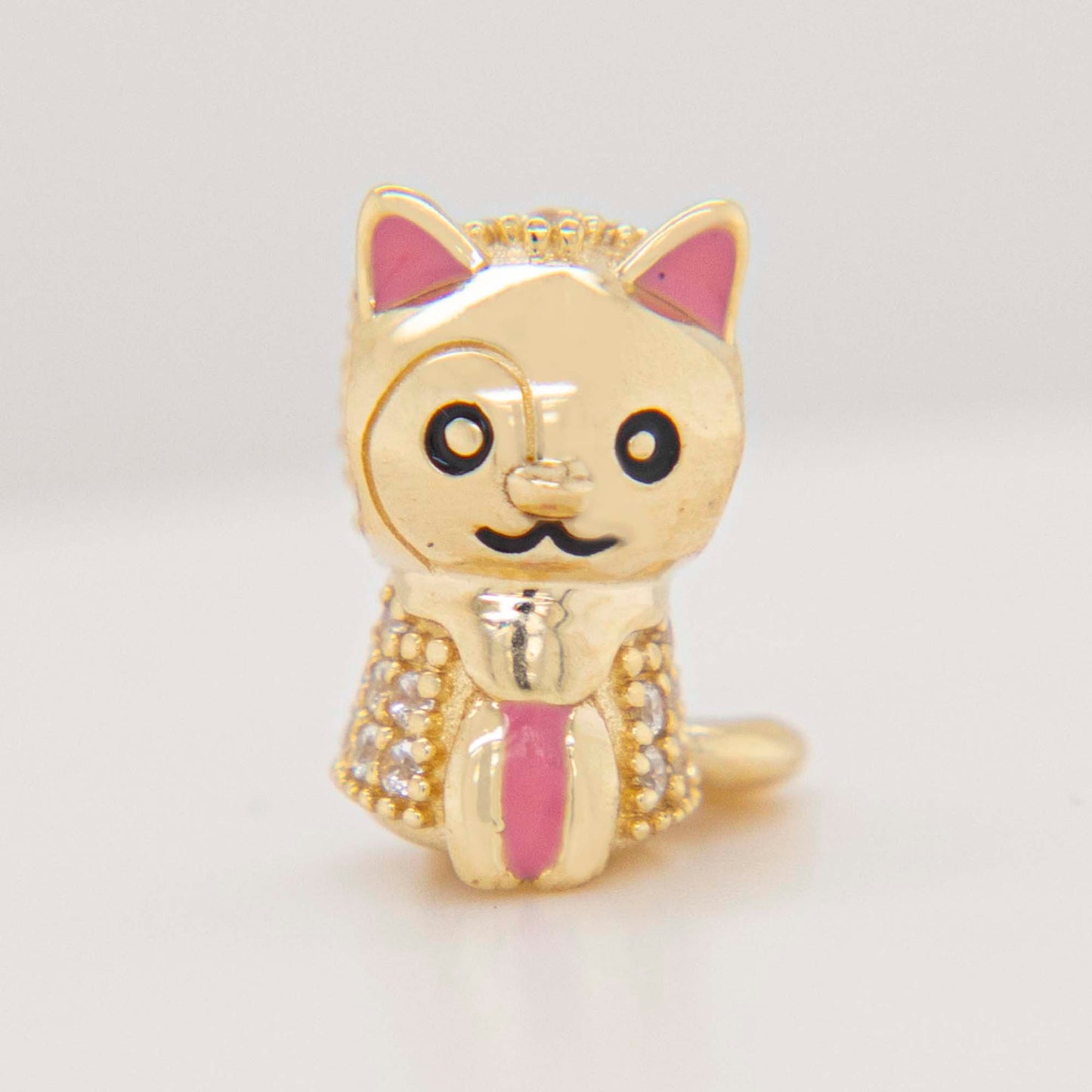 14K Yellow Gold Kitten with Pink Enamel and White CZ Accents Slider