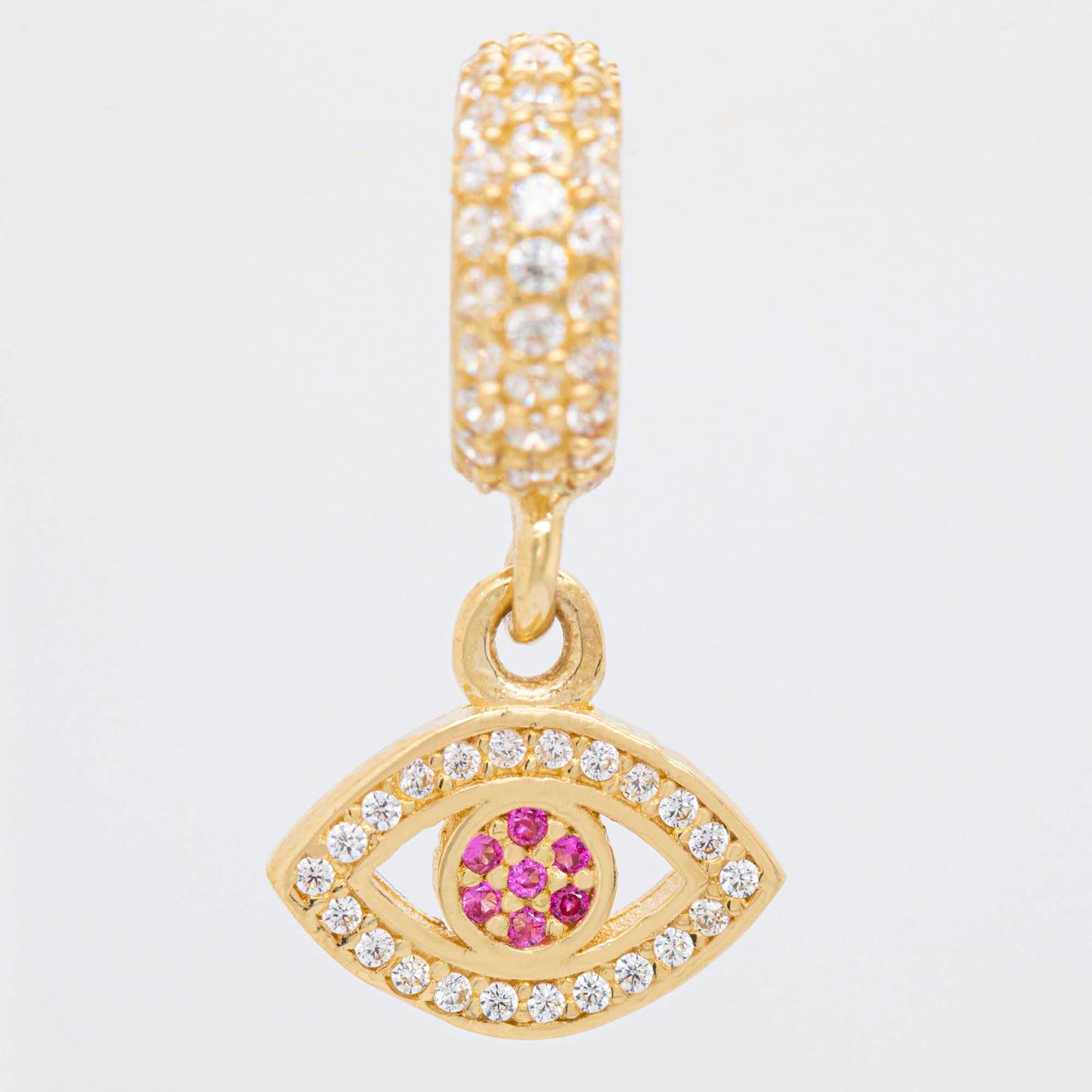 14K Yellow Gold Dangling Red CZ Evil Eye Charm