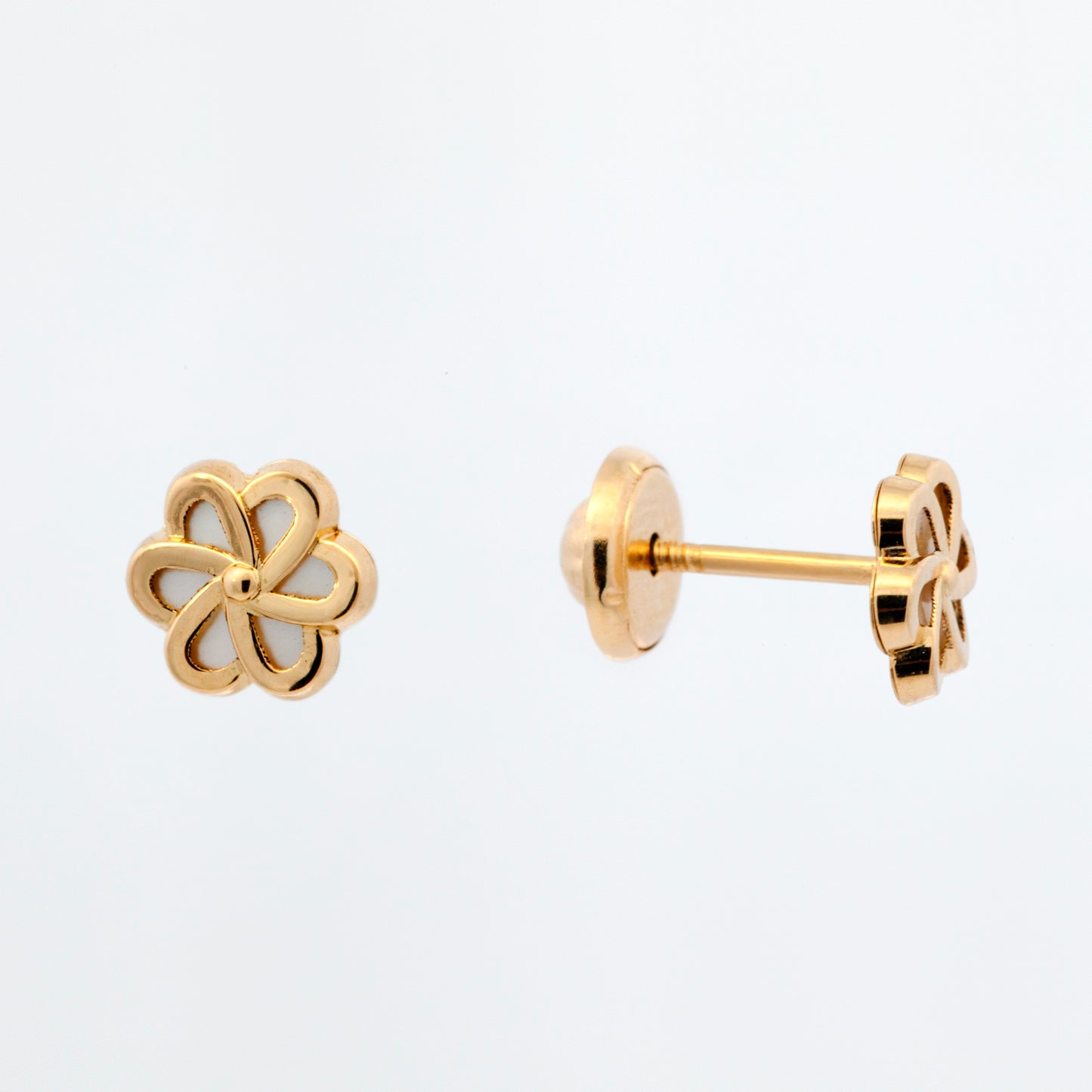 14K Yellow Gold Small Mother Of Pearl Flower Stud Screwback Earrings